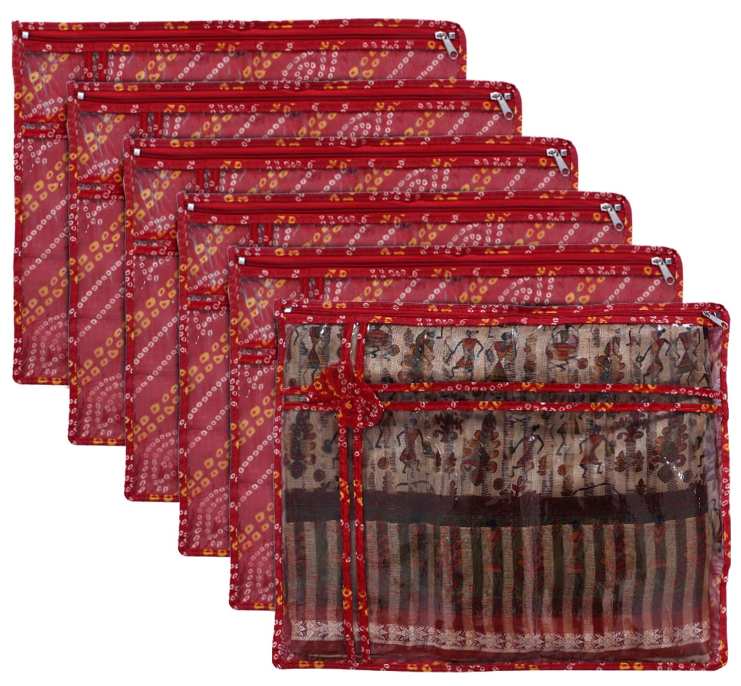 Kuber Industries Bandhani 6pcs Saree Cover Foldable PVC Clothes Storage Bag for Saree Lehenga Red
