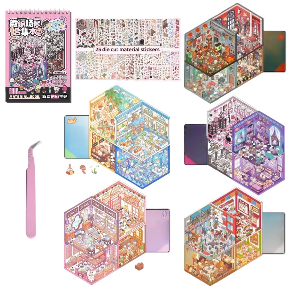 20 Sets 3D DIY Stickers Scene,3D Mini House Stickers Book Set for Adults with Tweezers Make Your Own Room Terror Wind Sticker Scene Therapy for Adults Relief Stress Pass The Time Gift