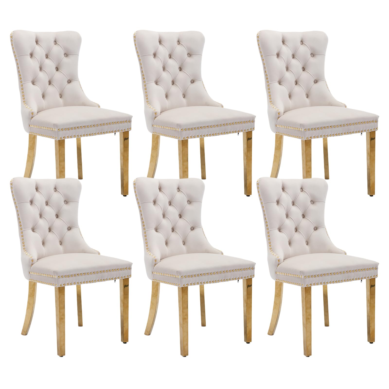SoarFlash Sillas de Comedor en Terciopelo, con Espaldar ala Acolchado, Remaches de Clavos, Forro Remachado, Aro Decorativo Trasero y Patas en Metal Dorado, Juego de 6, Beige