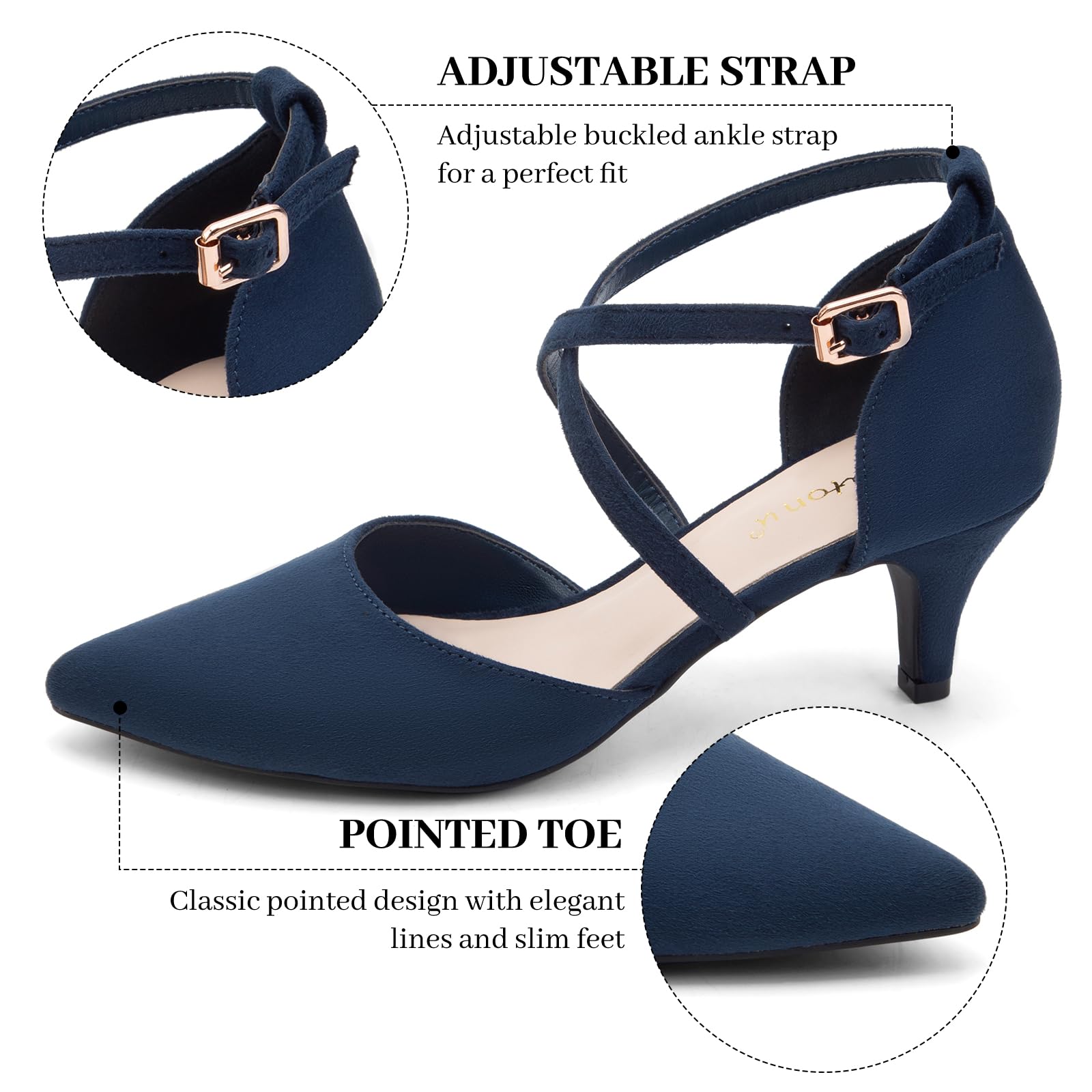 Greatonu Women's Pointed Toe Court Shoes with Ankle Strap and Kitten Heel