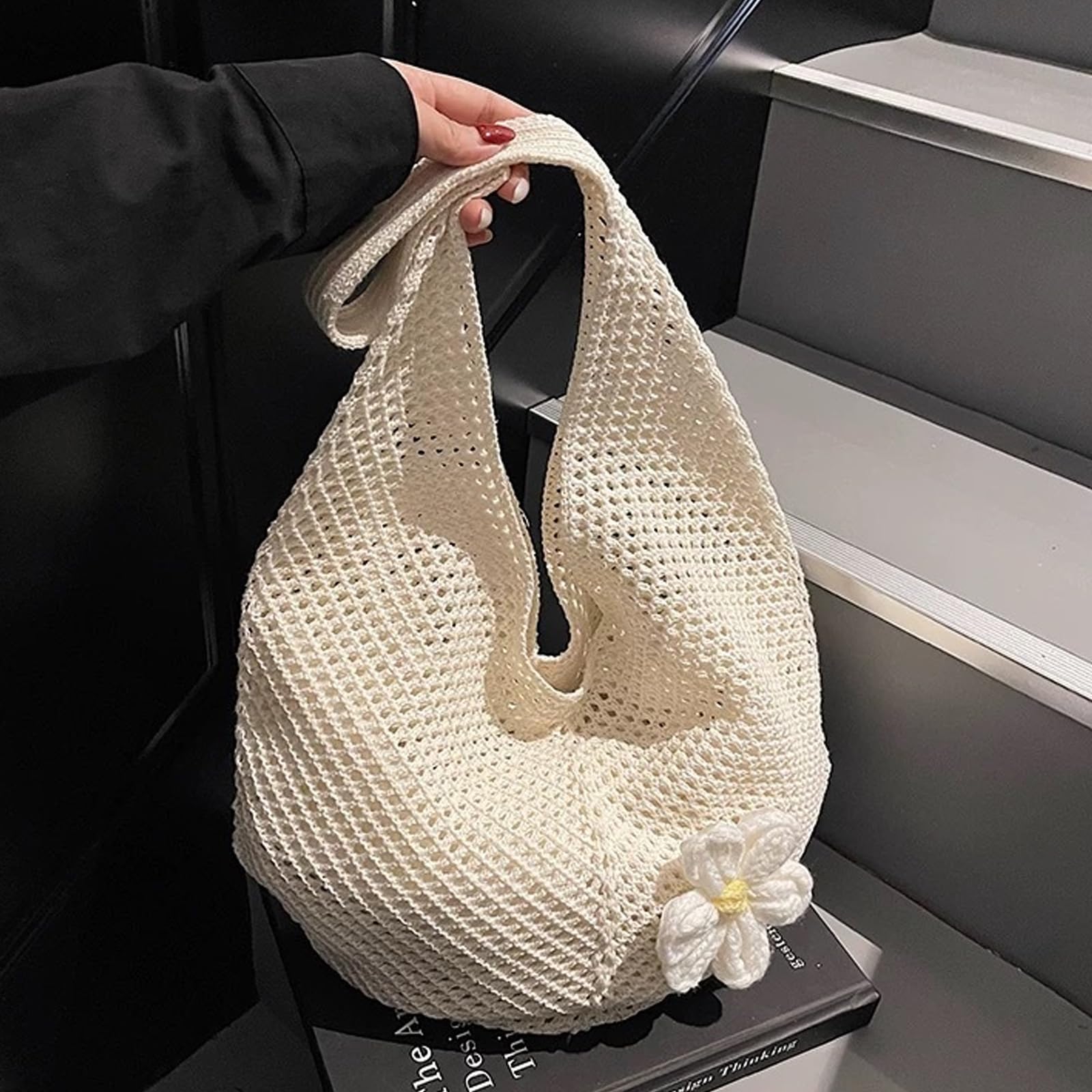 Bolso Ganchillo Mujer con Flores, Bolsa Playa de Malla Transpirable, Bolso Verano Mujer Boho con Gran Capacidad para Compras y Playa
