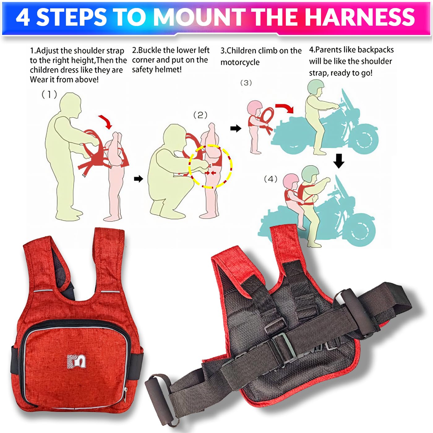 amiciCare Children Motorcycle Security Strap, Adjustable Toddler Safety Harness For 2-12 Years Children 4