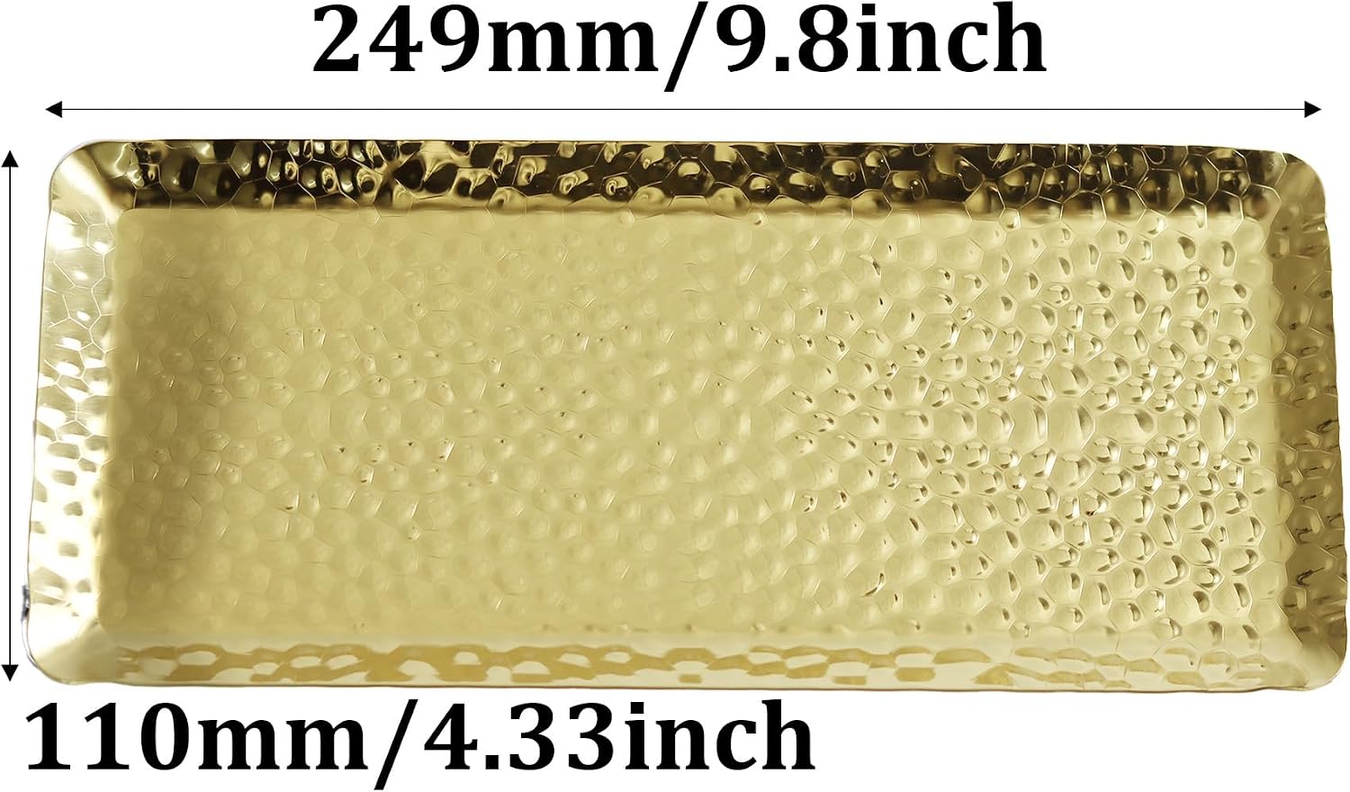 10x4inch Hammered Rectangular Tray, Stainless Steel Decorative Serving Tray, Gold Platter for Kitchen, Bathroom, Bar, Vanity Storage