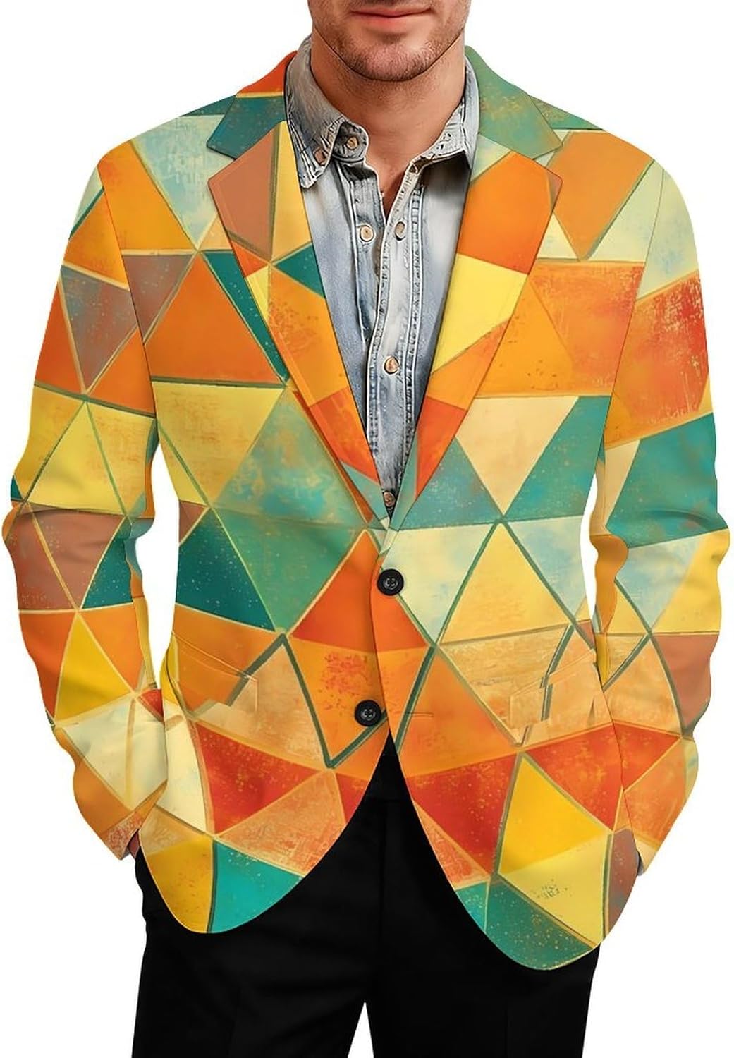 Vintage Colorful Triangles Casual Suit Blazer for Men Buttons Jacket Coat Business