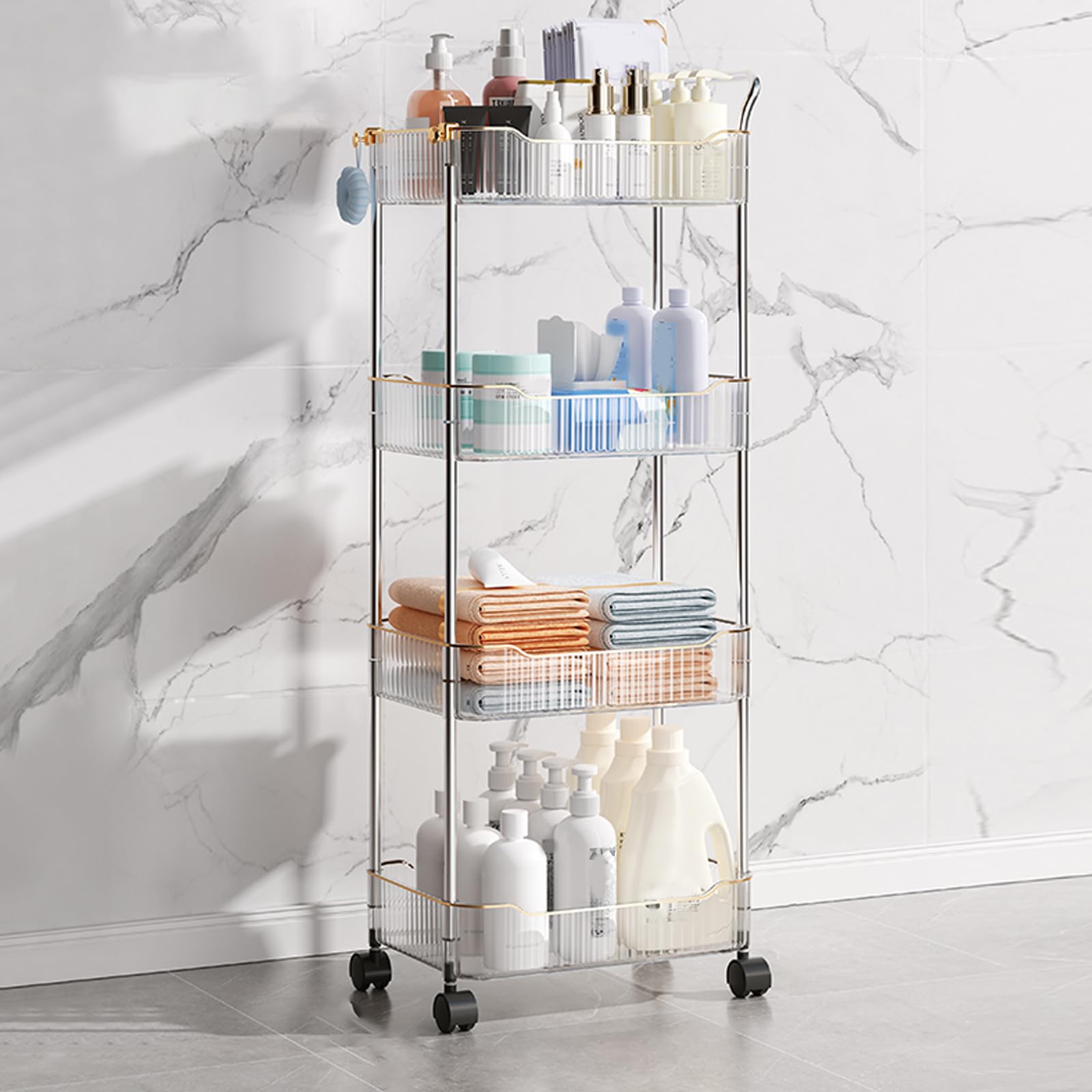 asdchZen Utility Trolley With Lockable Wheels Acrylic Mobile Shelving Unit With Handle Rolling Cart For Kitchen Bathroom Home Nization And Storage Solutions