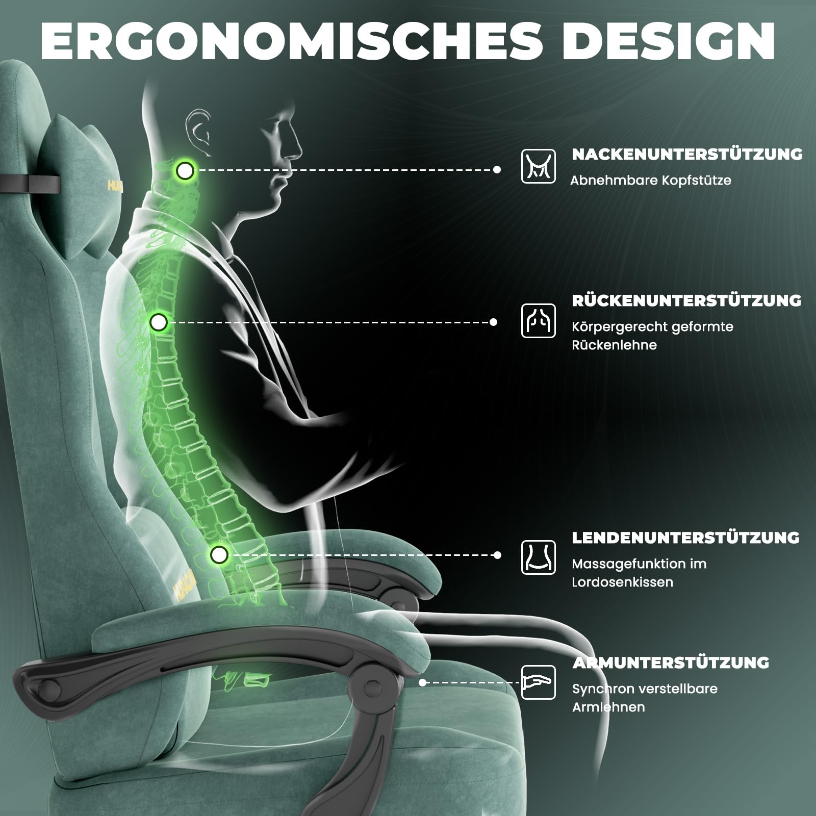 Huracan Chaise Gaming Ergonomique, Fauteuil Gamer avec Repose-Pieds Télescopique Coussin à Ressorts, Support Lombaire, Tissu Velours Respirant pour Les Longues Sessions de Gaming et de Travail, Vert