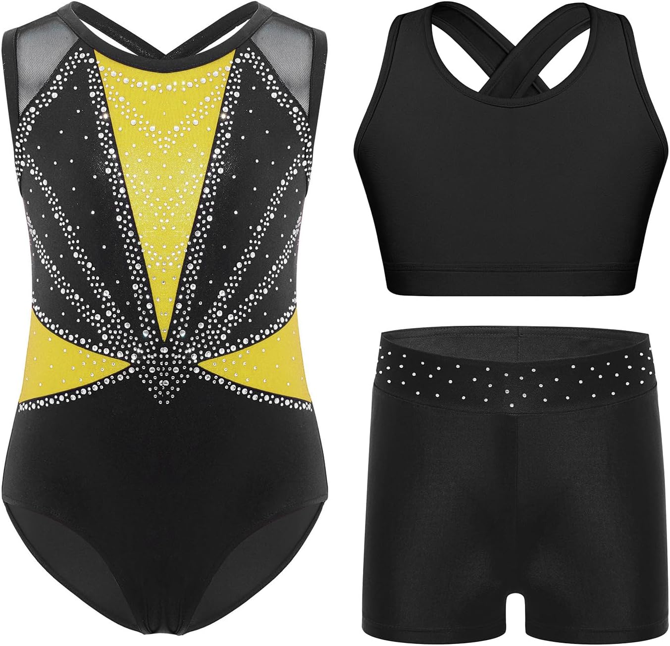 Freebily Gymnastics Leotard for Girls Sleeveless Dance Bodysuit Sparkle Tumbling Unitard with Crop Top and Shorts