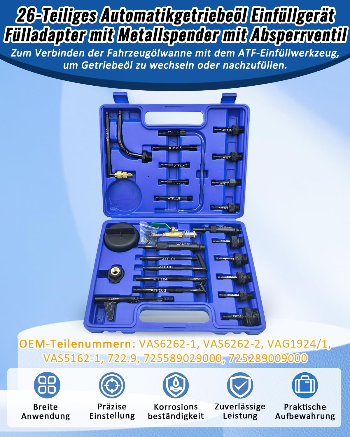 Automatikgetriebeöl Einfüllgerät Fülladapter Kompatibel mit VW Audi CVT DSG BMW Benz 722.9 Skoda Nissan Ford usw., 26-teiliges ATF Befülladapter Ölwechsel Werkzeug mit Absperrventil