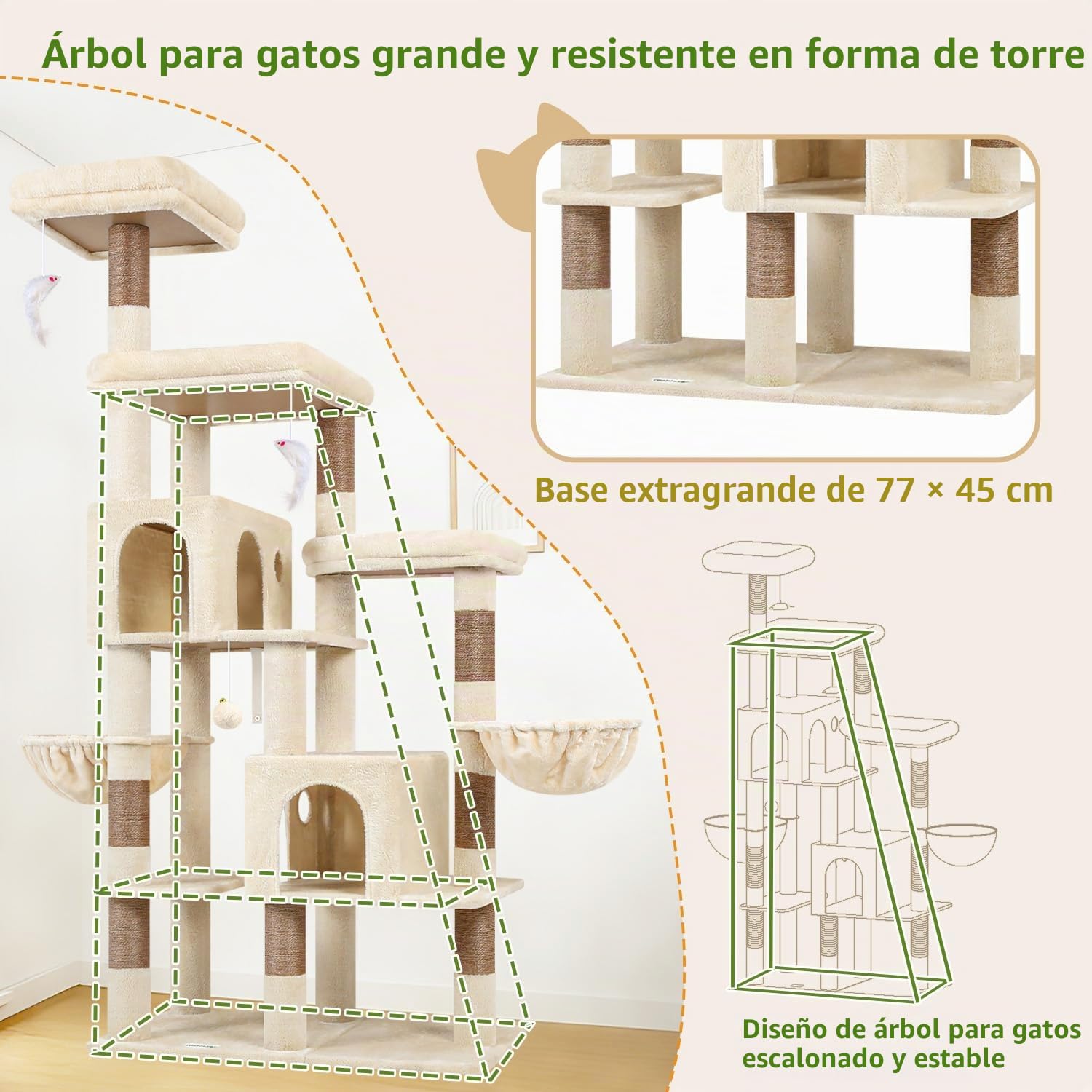 Globlazer Árbol Rascador para Gatos Grande Beige 189 cm Alto con 2 Nidos Grandes 45*30CM, 3 Plataforma Acolchada, 2 Cesta, Juguetes de Peluche, Estable Rascador para 3-5 Gatos Interior (F74F, Beige)