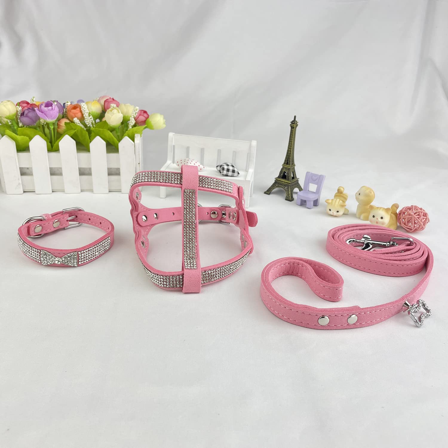 Newtensina Hundeset Mit Fliege – Halsband, Geschirr & Leine (120 Cm), Verstellbar, Mit Strass, Rosa, Größe M