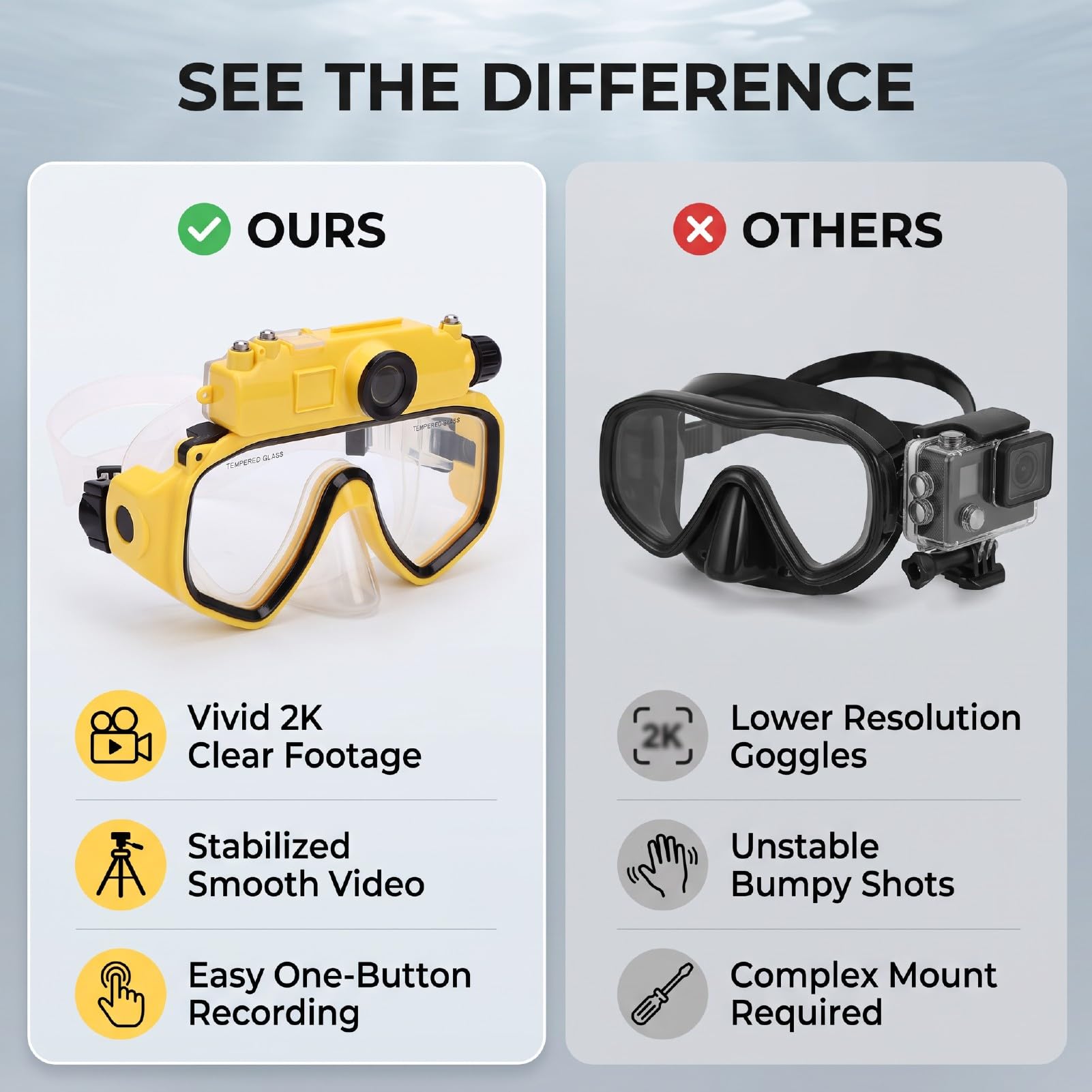 Gafas de Buceo para Snorkel con Cámara 2K 5MP | Gafas de Natación para Apnea, Resistente Al Agua, 15M, Gran Angular de 100 Grados, Antivibración, Aplicación WiFi