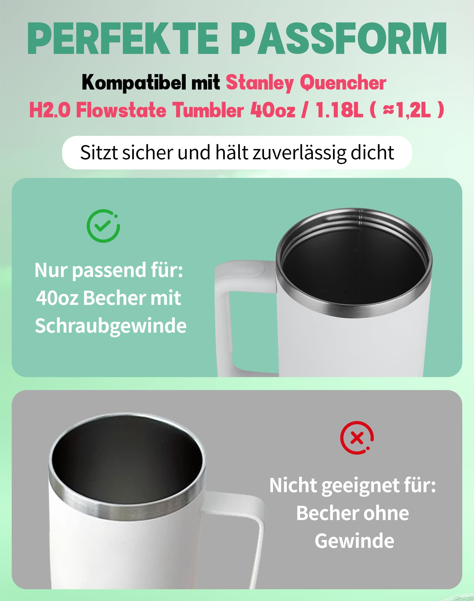 NETONDA Coperchio a prova di perdite per Stanley 1,2 l Quencher H2.0 Flowstate Tumbler bianco 2 pezzi coperchio ermetico per Stanley Cup 40oz tazza coperchio di ricambio