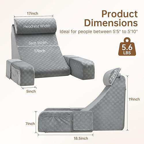 Miniatura 3 de Vekkia – Almohada de lectura para adultos – Silla ergonómica de apoyo para la espalda en forma de cuña de 45° para sentarse en la cama, bolsillos