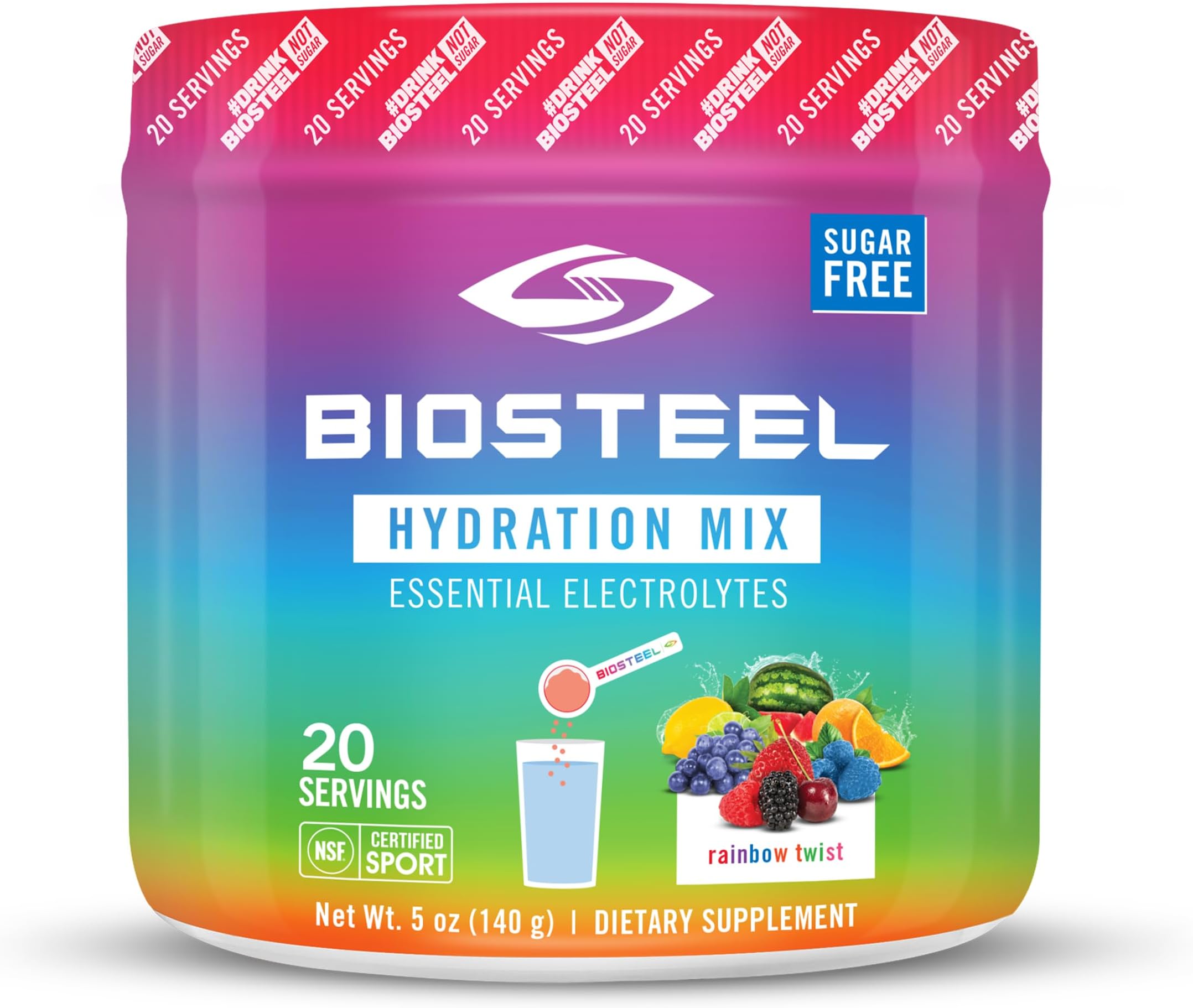 BioSteel Zero Sugar Hydration Mix, Great Tasting Hydration with 5 Essential Electrolytes, Rainbow Twist Flavor, 20 Servings per Tub