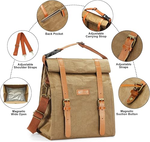 Miniatura 6 de Gormlaith Bolsa de almuerzo aislada, lonchera a prueba de fugas para mujeres y hombres, bolsa de papel marrón reutilizable lavable con correa