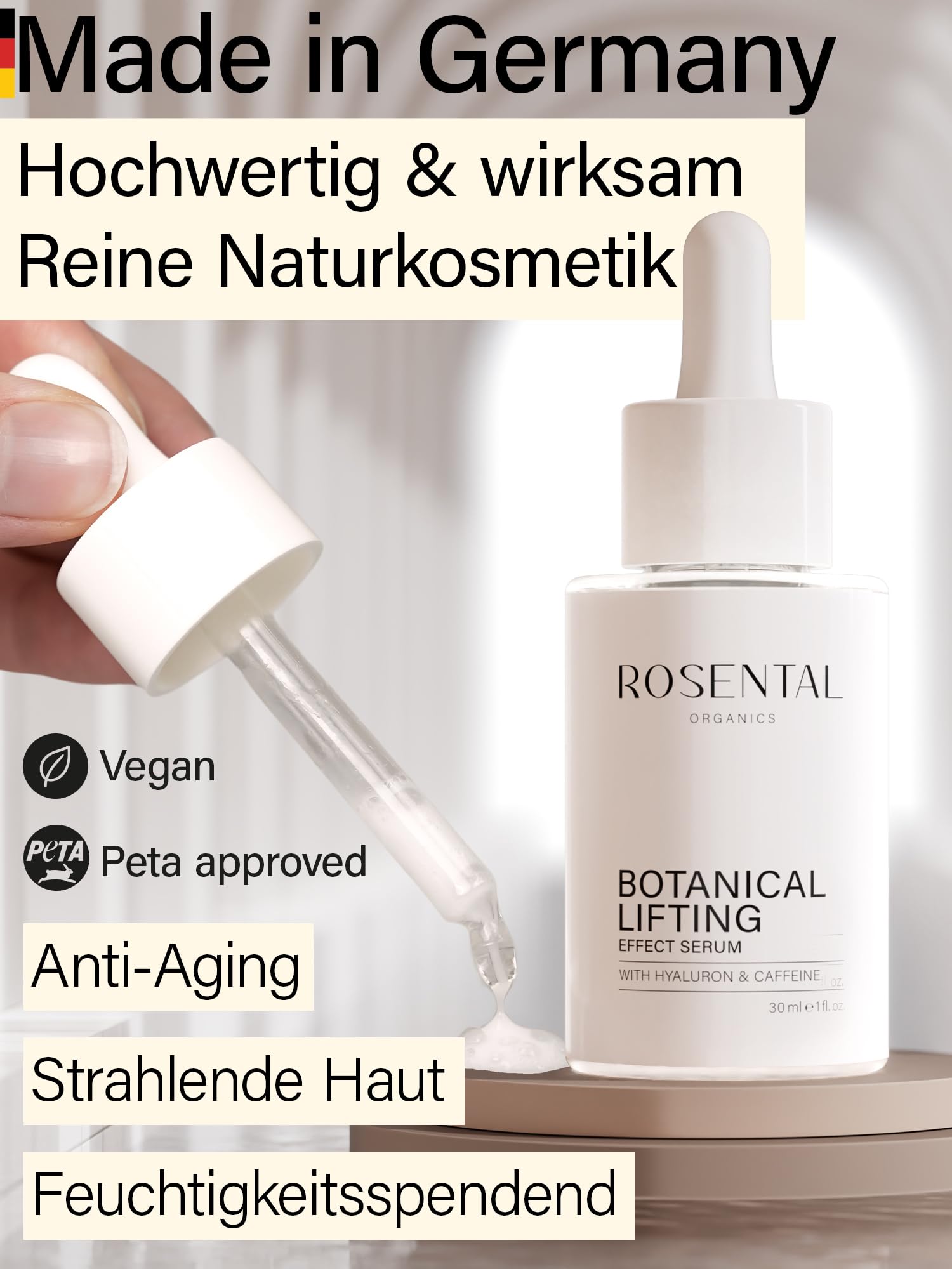 ROSENTAL ORGANICS Natural Botanical Lifting Effect Serum mit Hyaluron und Koffein Anti Falten Gesichtspflege - Hyaluronsäure-Gesichtsserum - Feuchtigkeitsserum - Anti-Aging Naturkosmetik (30ml)