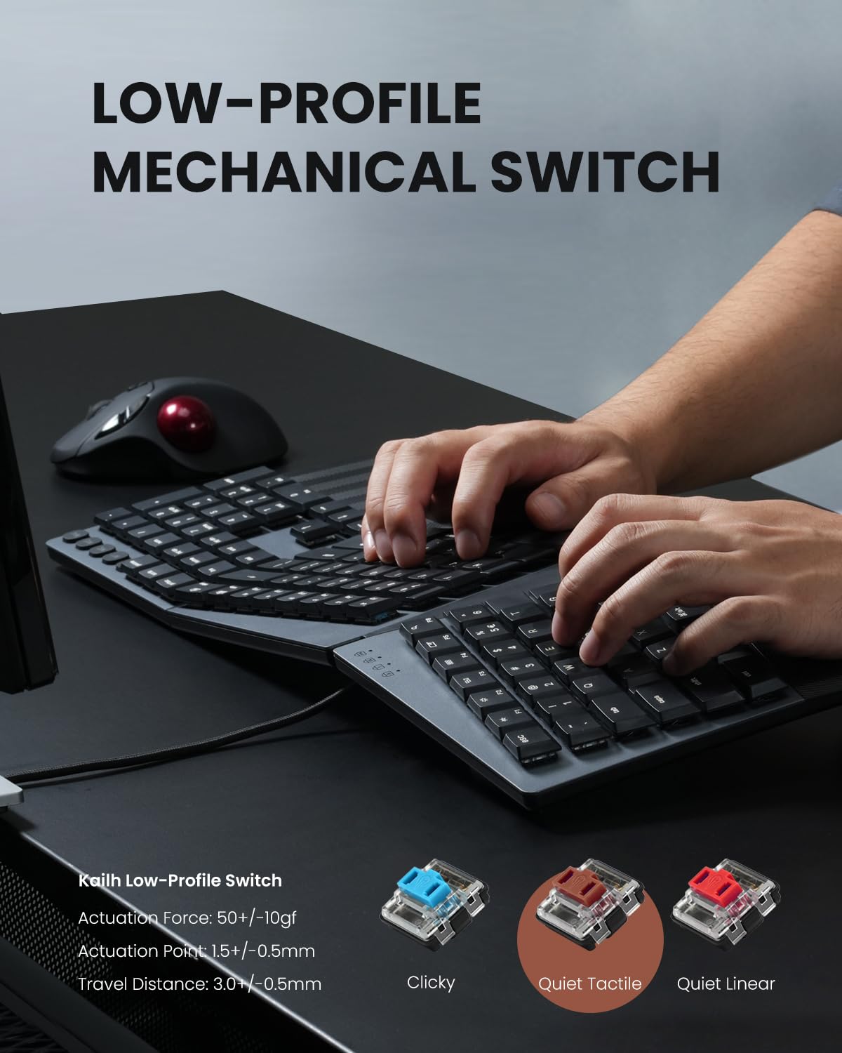 Perixx PERIBOARD-535BL Ergonomische kabelgebundene mechanische Tastatur, volle Größe, diskrete Blaue Klickschalter, kompatibel mit Windows und macOS