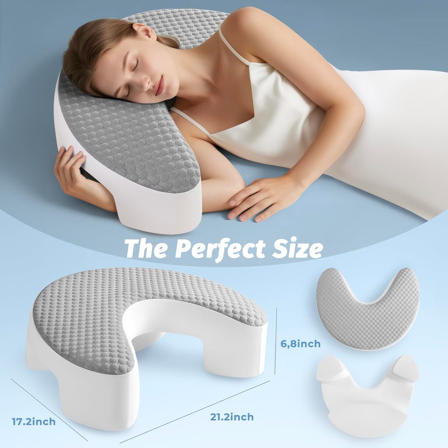 Side Sleeper Pillow for Adults with Arm Hole – Pillow for Side Sleepers to Improve Breathing, Relieve Neck, Shoulder and Knee Pain, Reduce Facial Compression (Grey,17"x21")