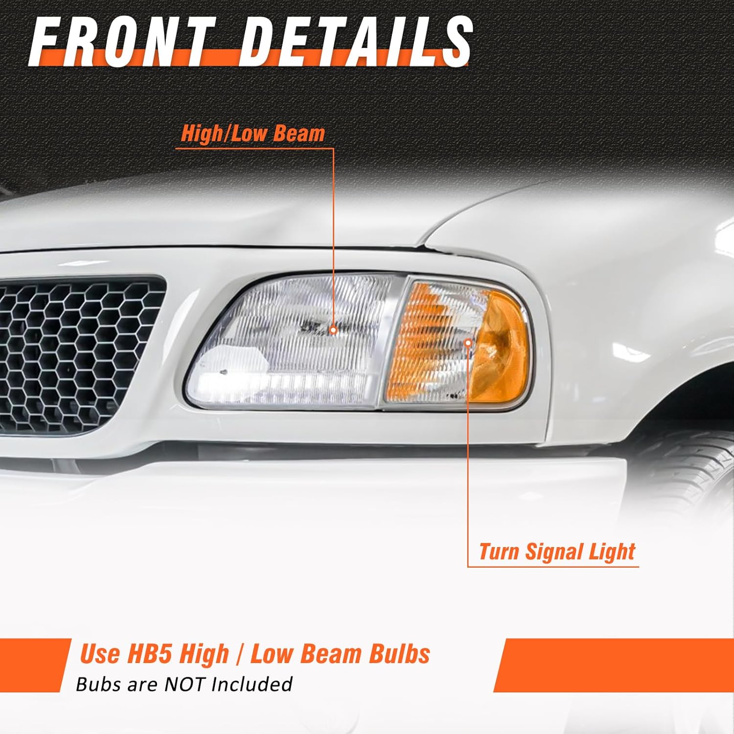 for 1997-2003 Ford Headlights Assembly Compatible with 1997-2003 F150 | 1998-1999 F250 | 1997-2002 Ford Expedition Chrome Housing Amber Reflector Headlamp with Corner Parking Turn Signal Marker Light