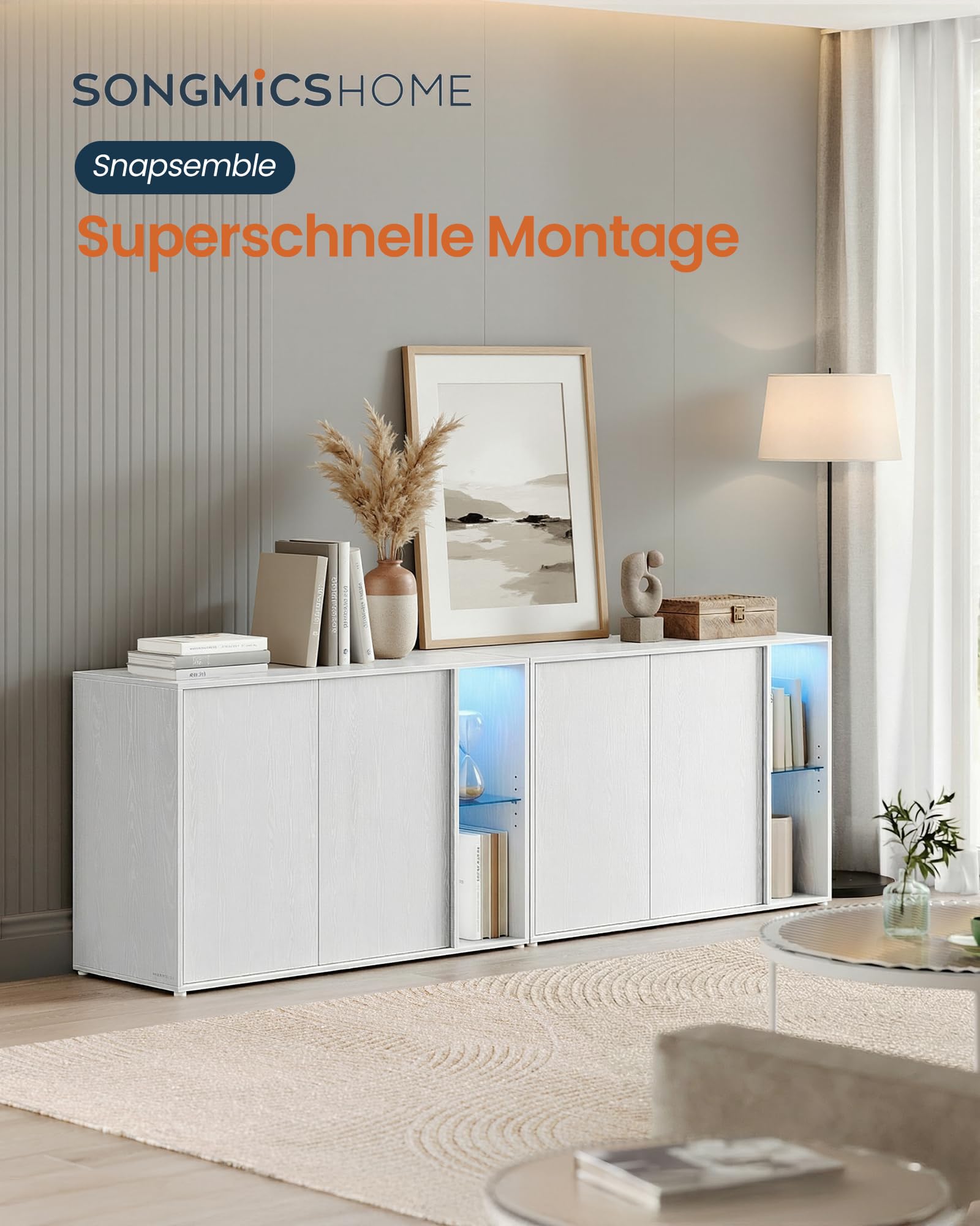SONGMICS HOME Sideboard, superschnelle werkzeuglose Montage, Toolless-Technologie, Aufbewahrungsschrank Wohnzimmer, TV-Schrank mit LED-Beleuchtung, verstellbare Ablagen, Modern, schneeweiß BBK372W01