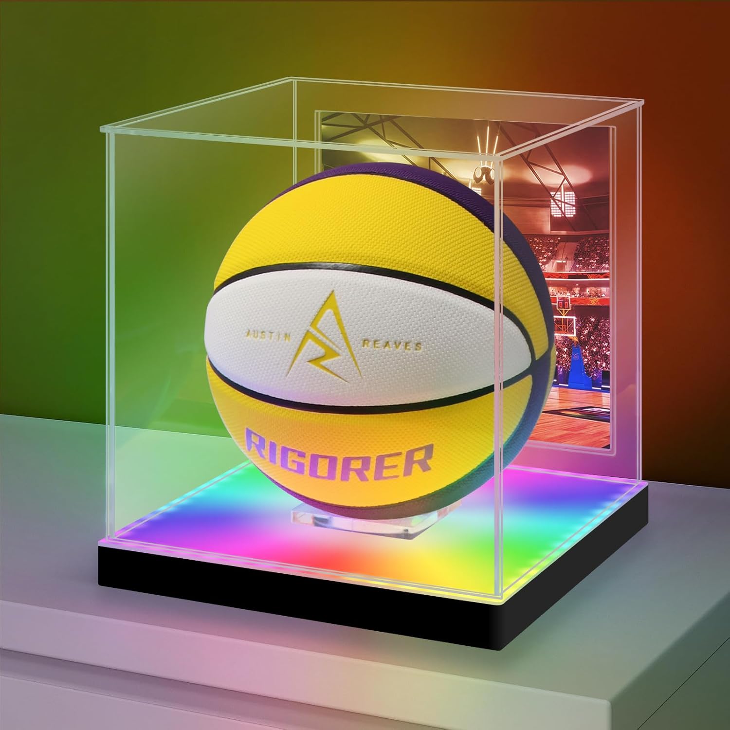 LASOA Basketball Display Case with RGBW LED Light, Self-Assembly Acrylic Display Box for Memorabilia, UV Protection Dust Proof for Full Size Autographed Ball with Ball Stand and Photo Holder