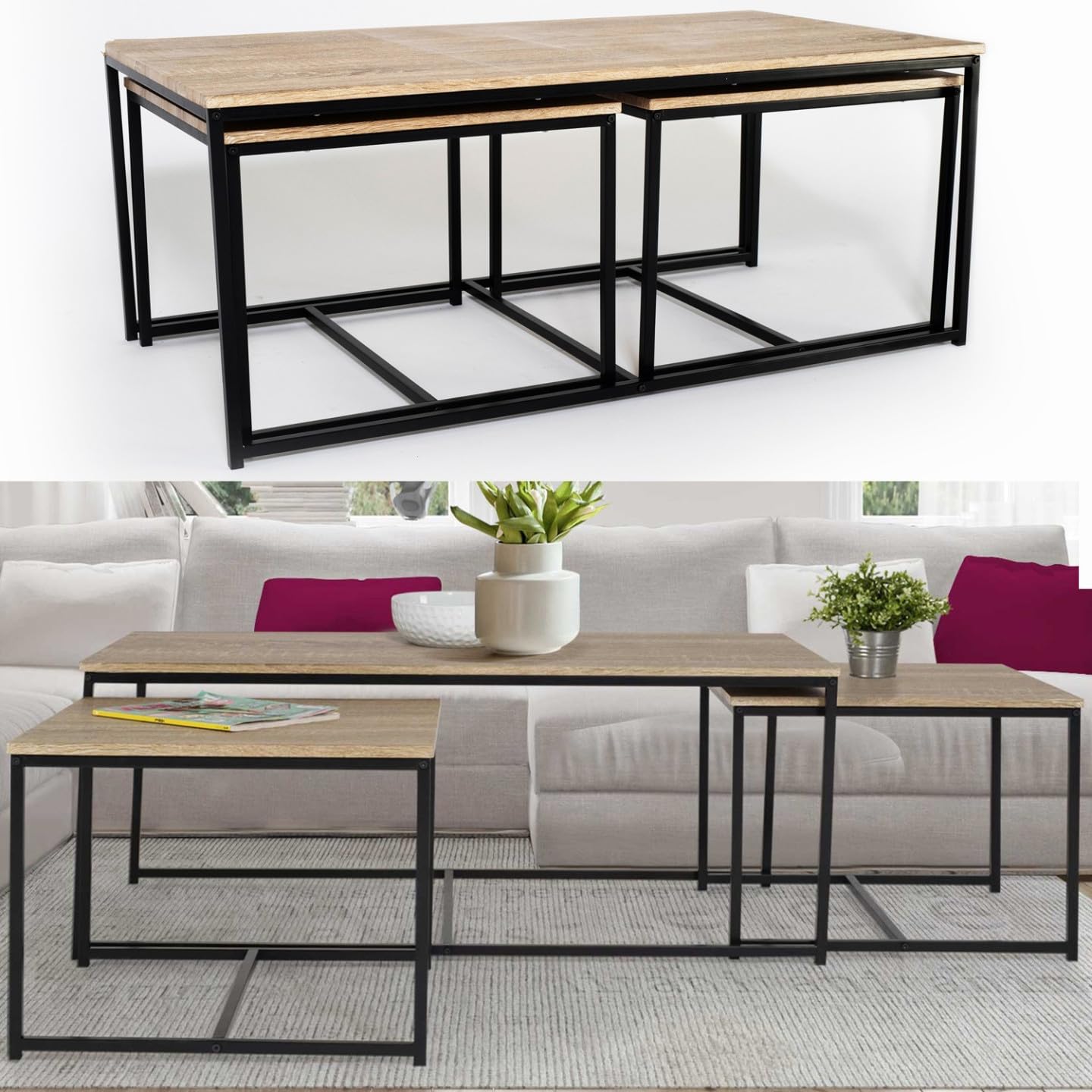 IDMarket - Lot de 3 Tables Basses gigognes Detroit 113 cm Design Industriel