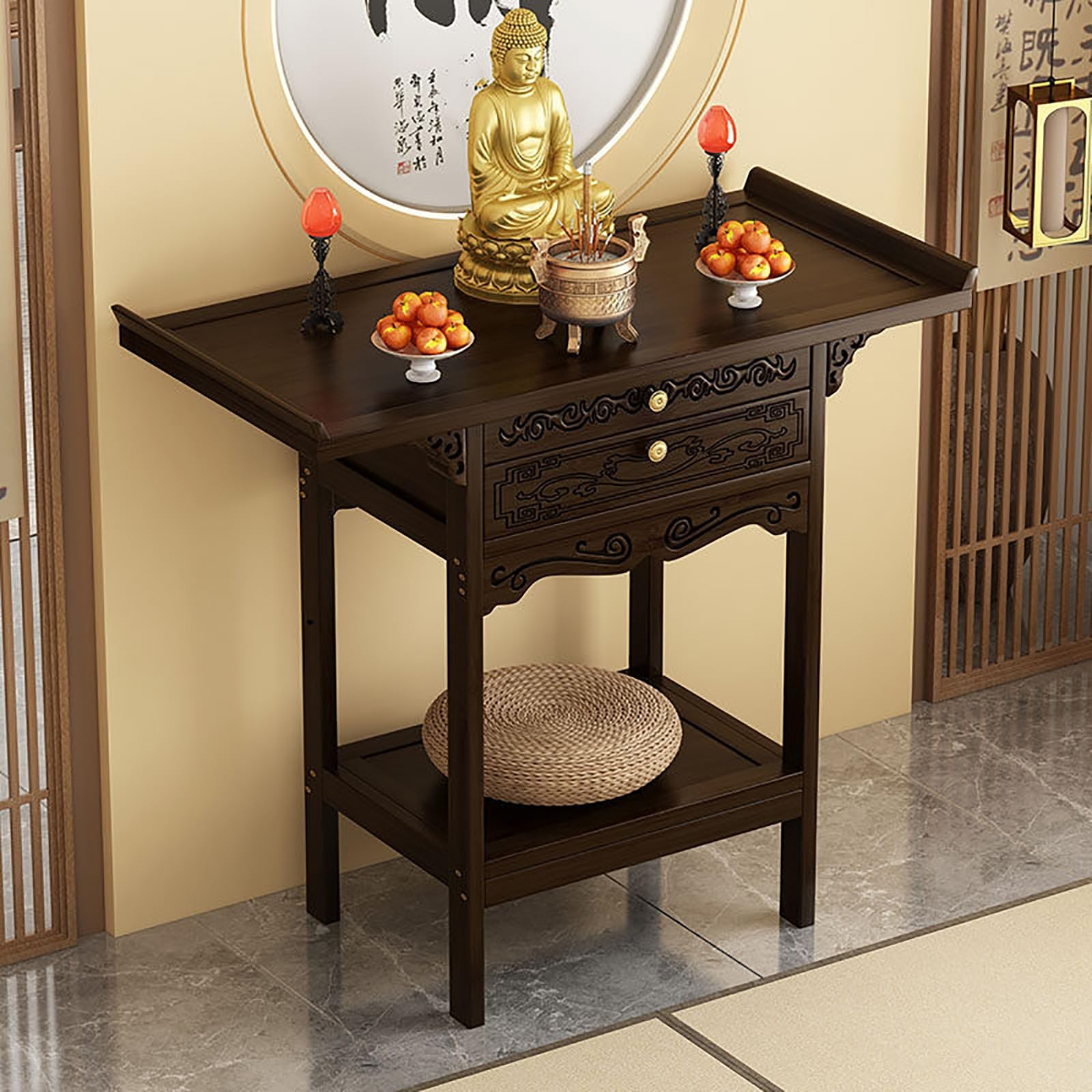 Autel Bouddhiste,Table D'autel Puja Wiccan en Bambou, Armoire Dieu de la Richesse,Style Modern, offrent Un culte aux ancêtres de Guanyin, Le Dieu de la Richesse(80cm,33cm)