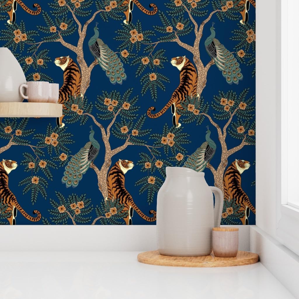 Spoonflower Removable Wallpaper 3ft x 2ft - Bird Asian Flowers Floral Chinese Tree Animals Tiger Peacock Blue Custom Pre-Pasted Wallpaper