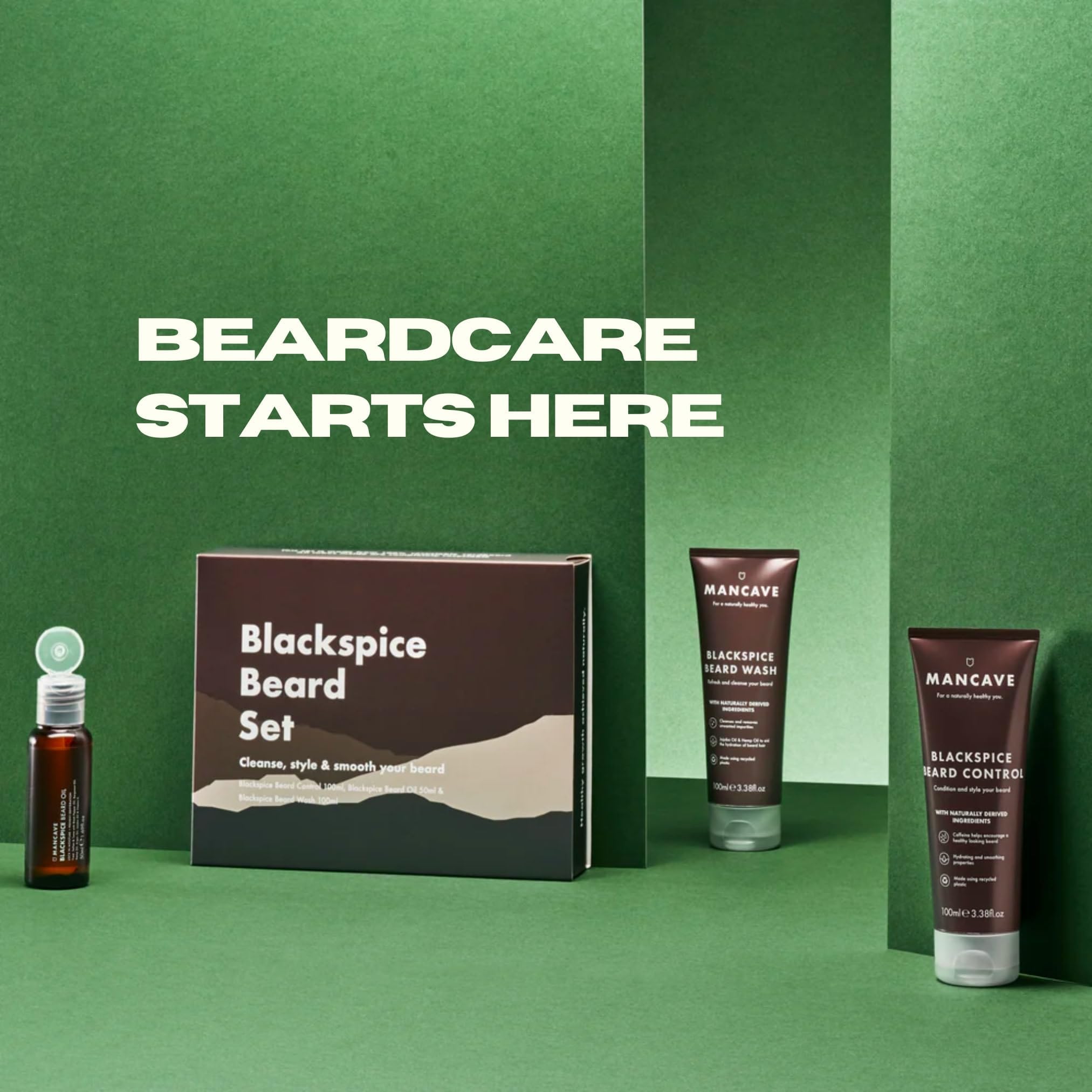 ManCave Blackspice Beard Gift Set with 3 Beard Grooming Essentials, For a thicker, more healthier beard, Vegan Friendly, Tubes made using Recycled Plastics, Made in England