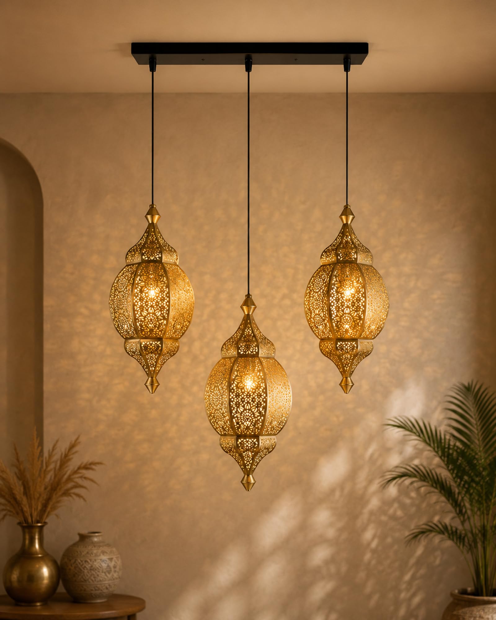 Homesake Pendant Light 3-Linear Cluster Chandelier Antique & Gold Metal Classic Moroccan Orb Hanging Ceiling Light | Kitchen Area and Dining Room with LED Filament Light - Home Decor Items-image-7