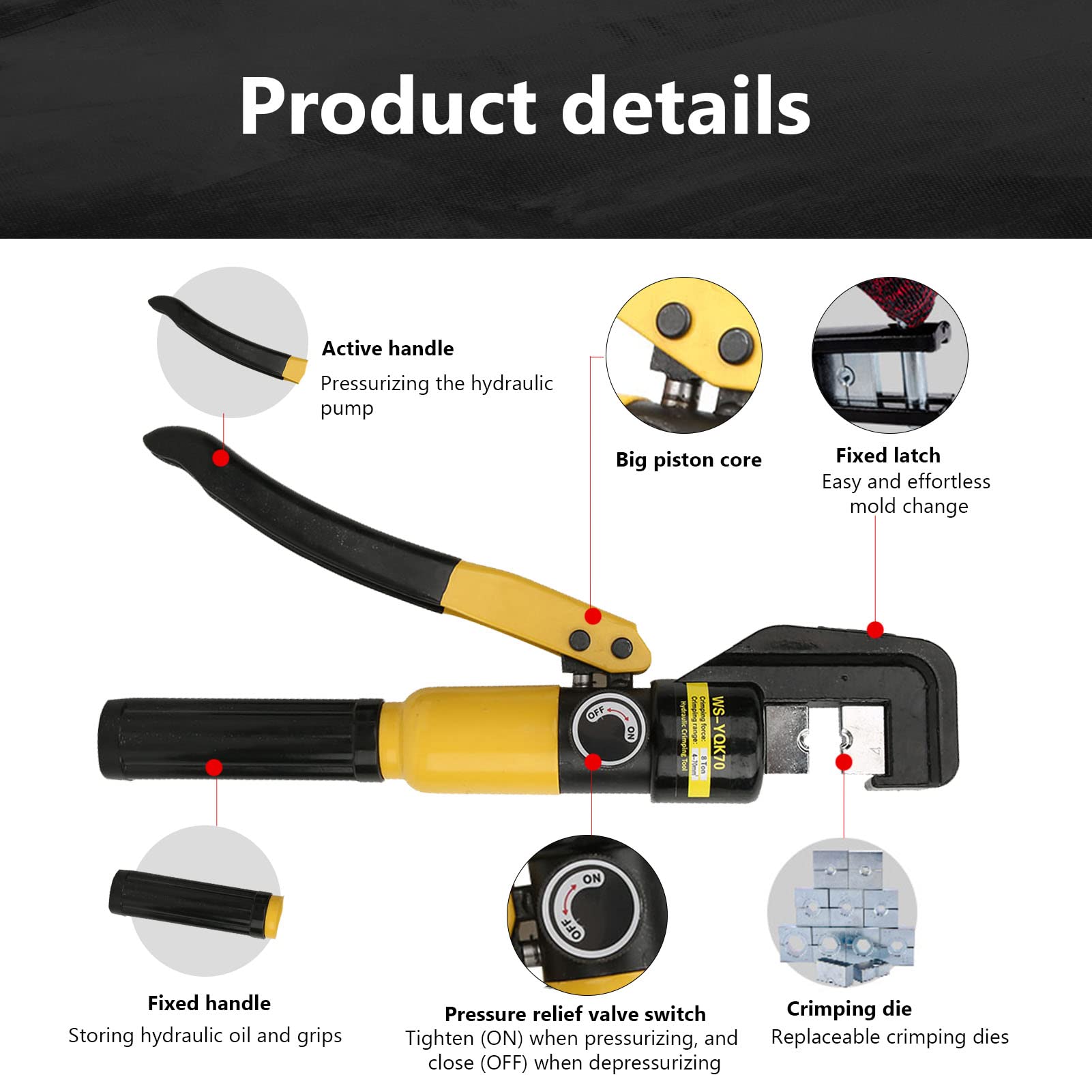 8 tonowa hydrauliczna zaciskarka do końcówek kablowych, 16 narzędzie do zaciskania matryc 4-70 mm² dla specyfikacji DIN AWG JIS