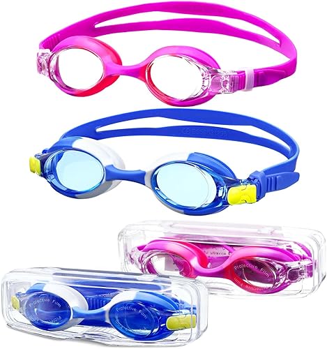 Gafas de natación para niños con estuches, paquete de 2 gafas de natación antivaho sin fugas 180 visión clara para niños y niñas (edad 6-14)