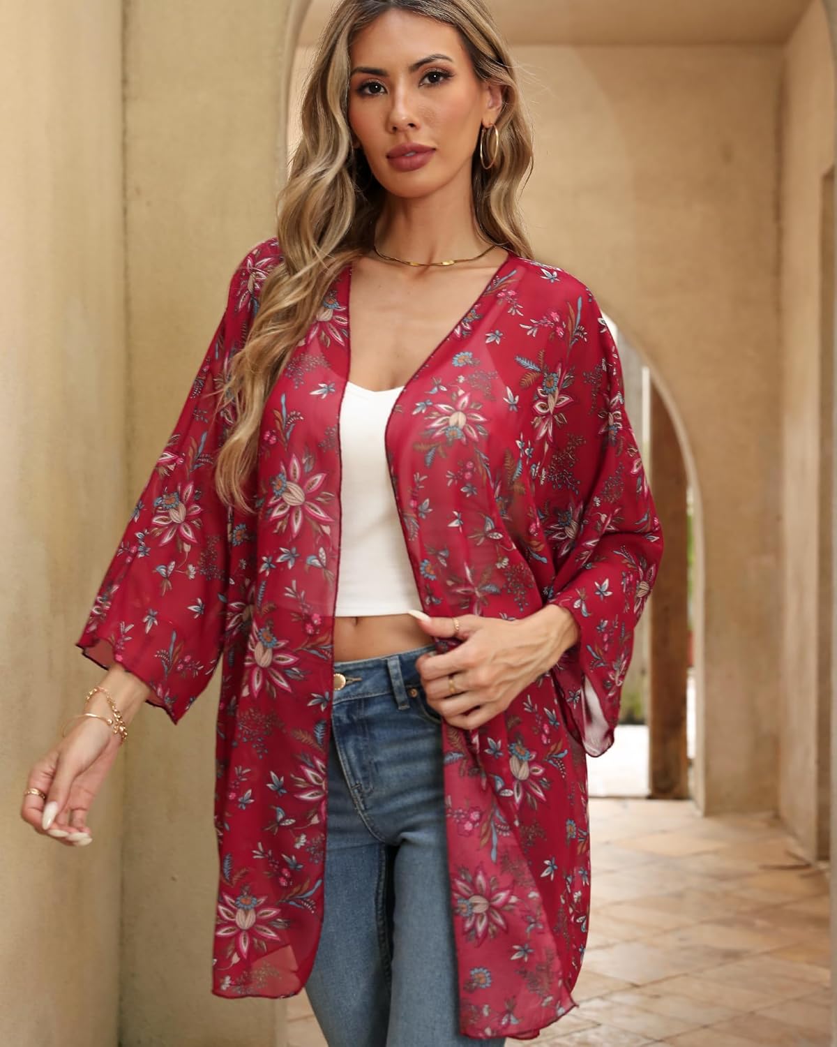 Argstar Women's Kimono Cardigans Casual Summer Tops Cover up Open Front Floral Print Resort Wear/Beachwear - Image 4