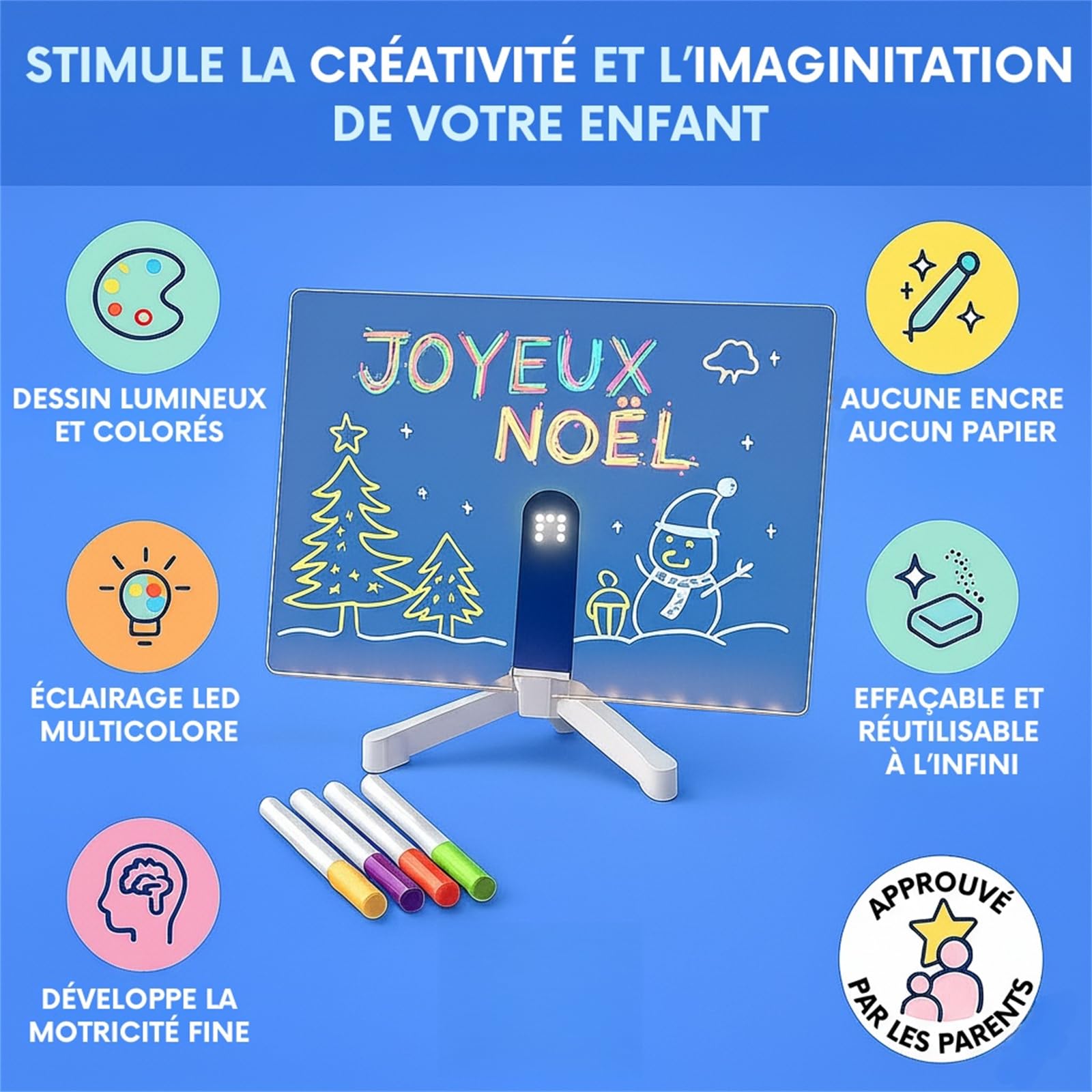 LouLouScreen - Planche à dessin lumineuse à LED pour enfants Table à dessin en acrylique, avec sept stylos de couleur, un support réglable, une surface d'écriture effaçable
