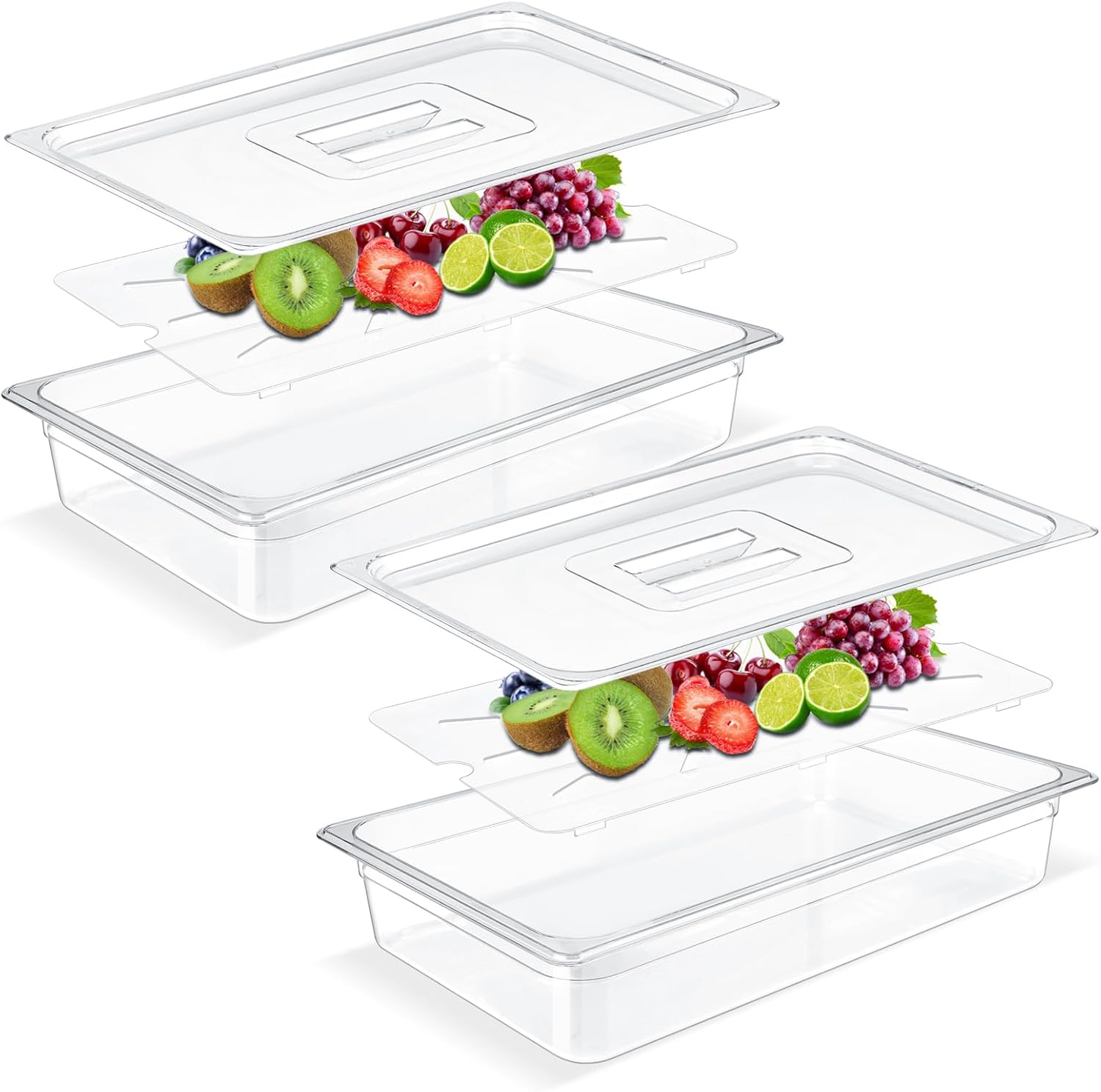 Zhehao 2 Pack PET Food Pans Set 4'' Deep Clear Hotel Pans with Lids and Drain Shelf Food Storage Container for Kitchen Fruit Vegetable Restaurant Supplies(Full Size, 20.8 x 12.8 Inch)