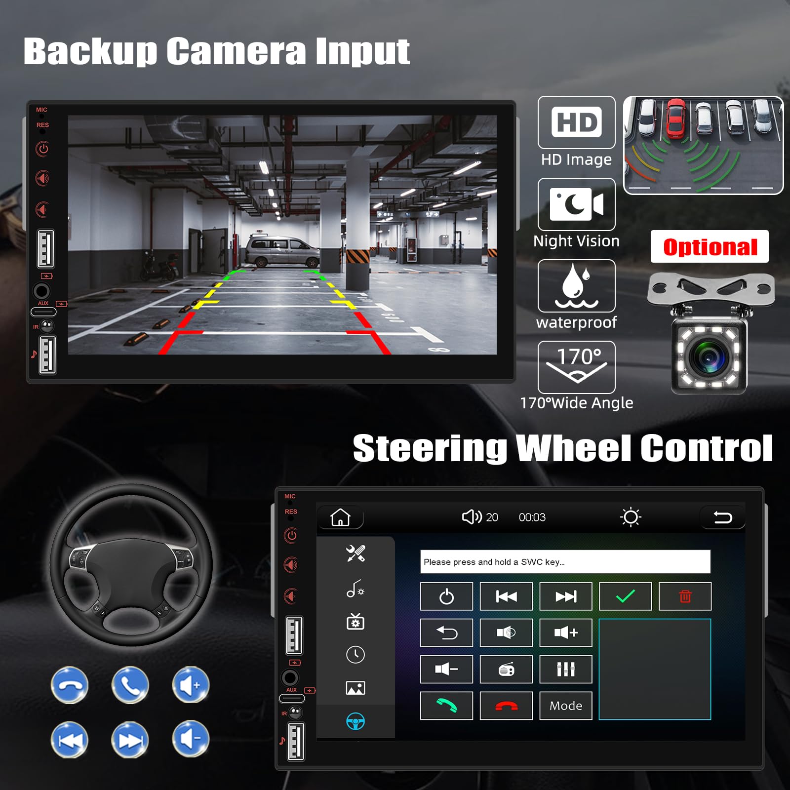 [WIRELSS] CAMECHO 7-calowy bezprzewodowy odtwarzacz samochodowy 1 DIN z dotykowym ekranem LCD obsługa CarPlay i Android Auto Bluetooth FM EQ USB/TF AUX-in + SWC