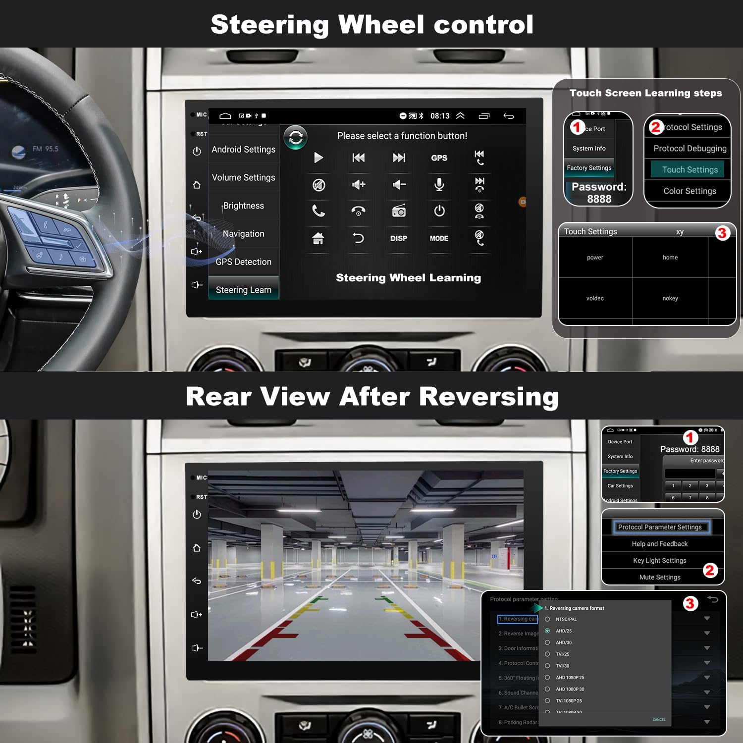 Car radio display showing the steering wheel control learning interface, allowing users to map steering wheel buttons to radio functions.