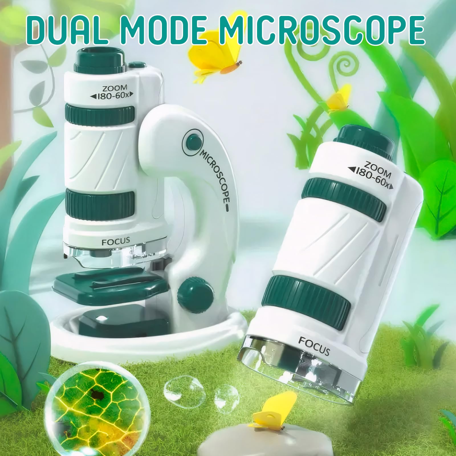 Todeco Microscope 60X-180X pour Enfants et Étudiants - Ensemble avec Zoom Éclairé par LED, 12 Lames Préparées - pour l'Observation Microbiologique