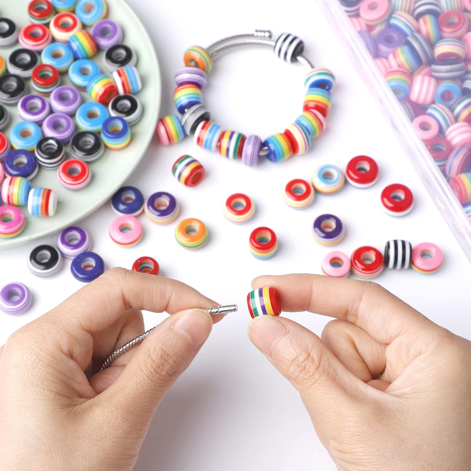 200 PCS European Large Hole Beads Assorted European Craft Beads Lampwork Spacer Beads Mixed Color Charm Beads for DIY Bracelet Necklace Jewelry Making