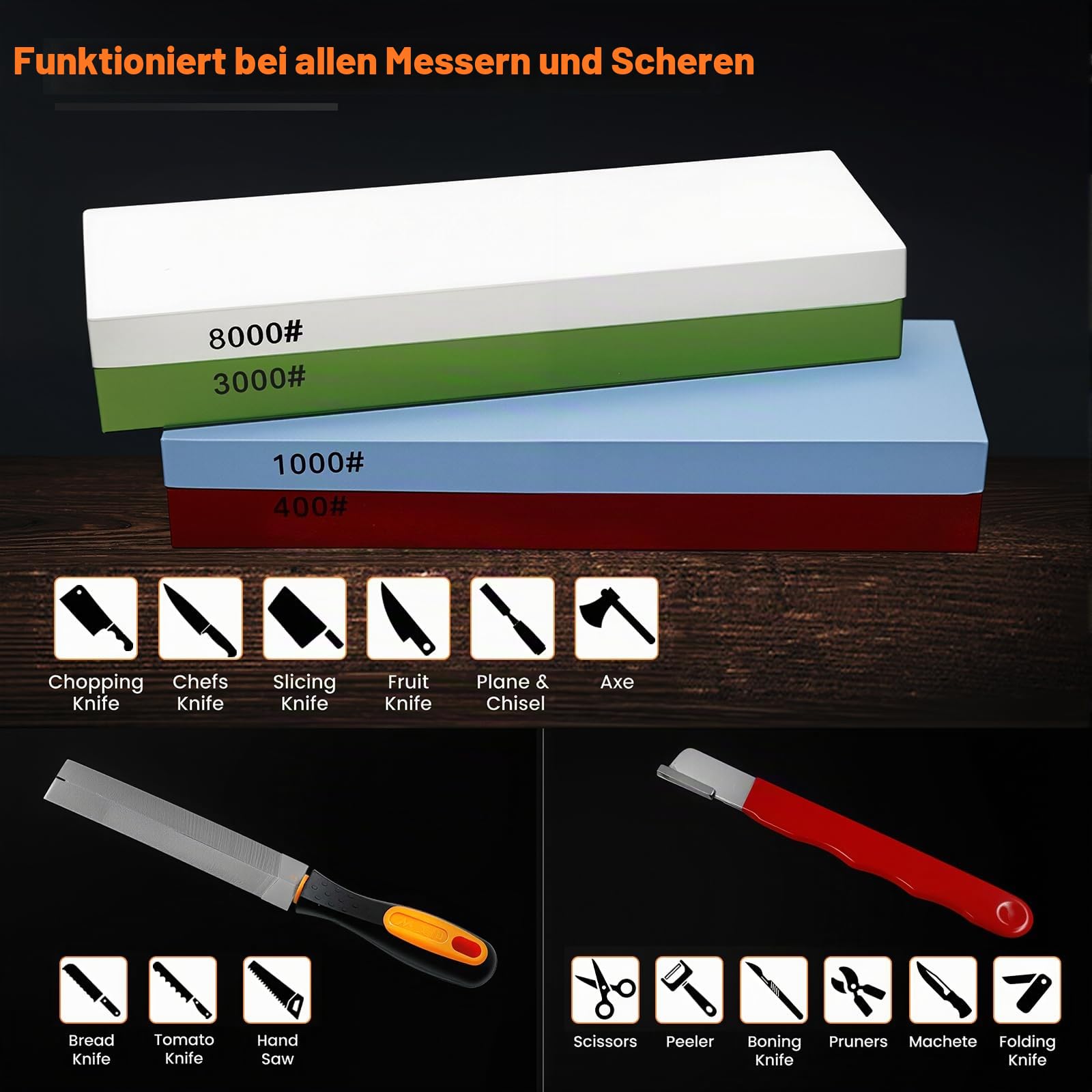 SNAIL GARDEN 10 Stück Professionelles Schleifstein Set Messerschärfer | Premium 400/1000 & 3000/8000 Körnung Wetzstein Set mit Tragbarem Schärfer & Metallfeile für Gezahnte Klingen