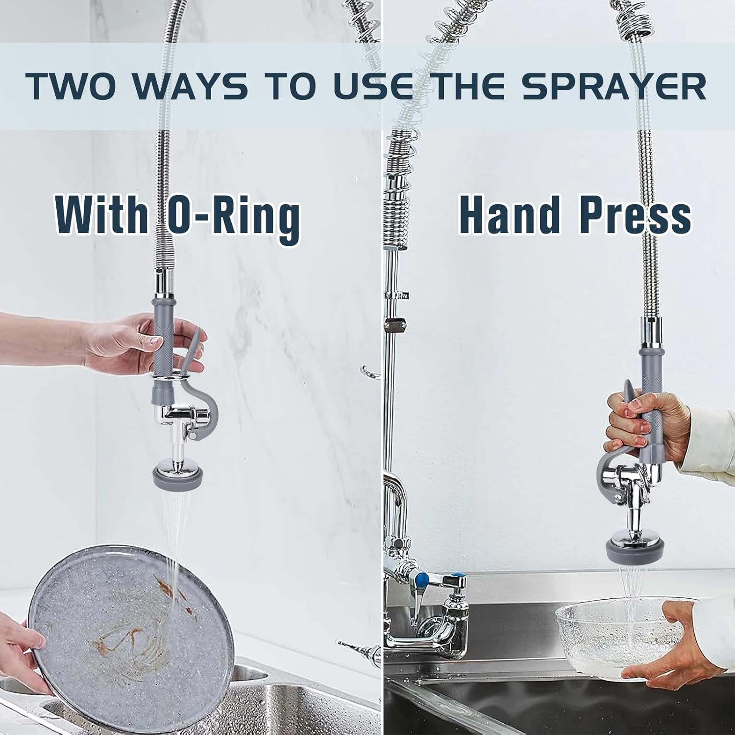 Spray Valve with 45” Commercial Sink Sprayer Hose and Pre Rinse Spring, Pre Rinse Sprayer with Flexible Stainless Steel Hose & Spring Assembly for Commercial Kitchen Faucets (Grey)