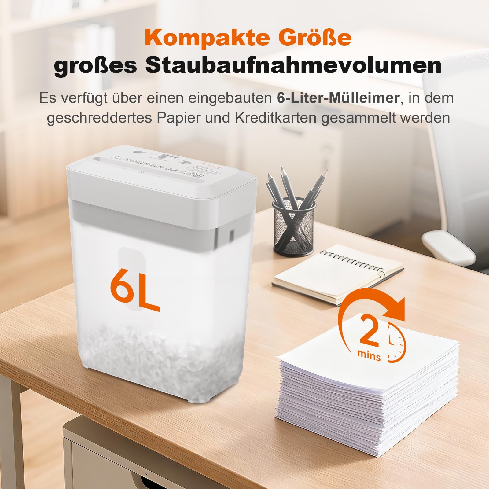 Bonsaii Aktenvernichter, 6 Blatt (A5) Kreuzschnitt, P-4 Hochsicherheit mit 6L Behälter, für Papier, Kreditkarten, Büro- & Heftklammern, C292-A