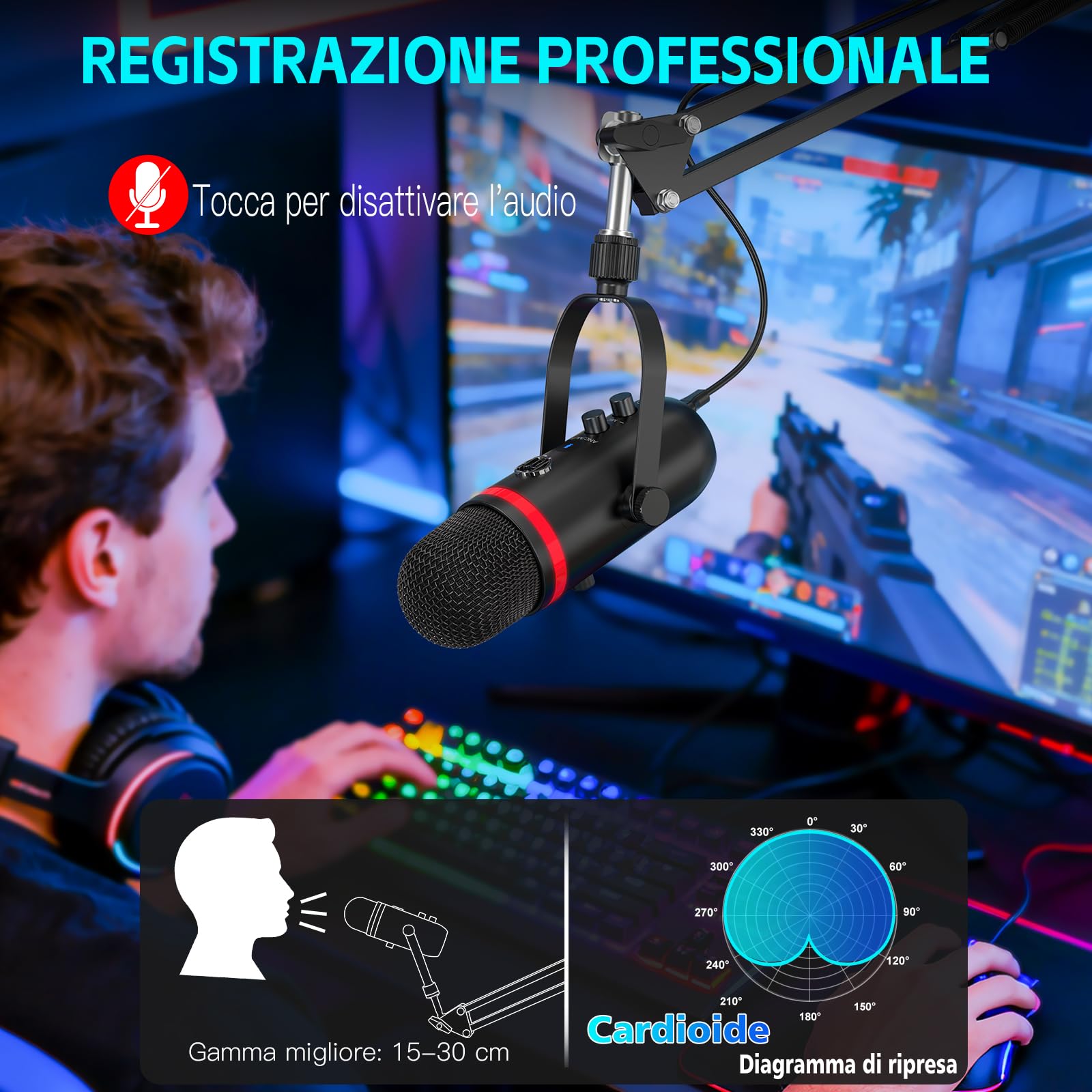 zealsound Microfono USB per Podcast con Braccio, Microfono RGB Gaming con cancellazione del rumore, Mute Rapido e Jack di Monitoraggio, Microfono da Studio per PC/Mac/Phone, Streaming e YouTube