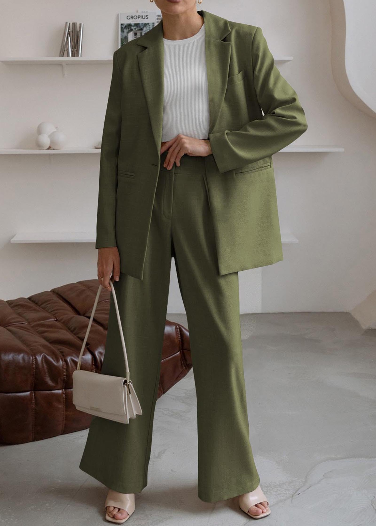 2-teiliges Outfit für Damen, eleganter Blazer, lässig, locker, langer Blazer, Jacken und elegante Hosenanzüge mit weitem Bein und Taschen