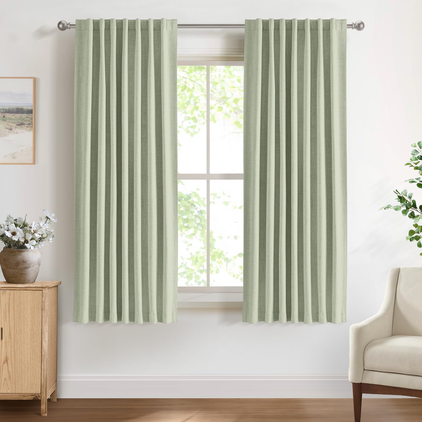 DEFYNEE 100% Blackout Curtains for Bedroom, 50 x 63 Inch Drop, Back Tab/Rod Pocket, Thermal Insulated Curtains with Coating Back Layers, for Room Darkening Privacy Protection, 2 Panels, SageGreen — image 1