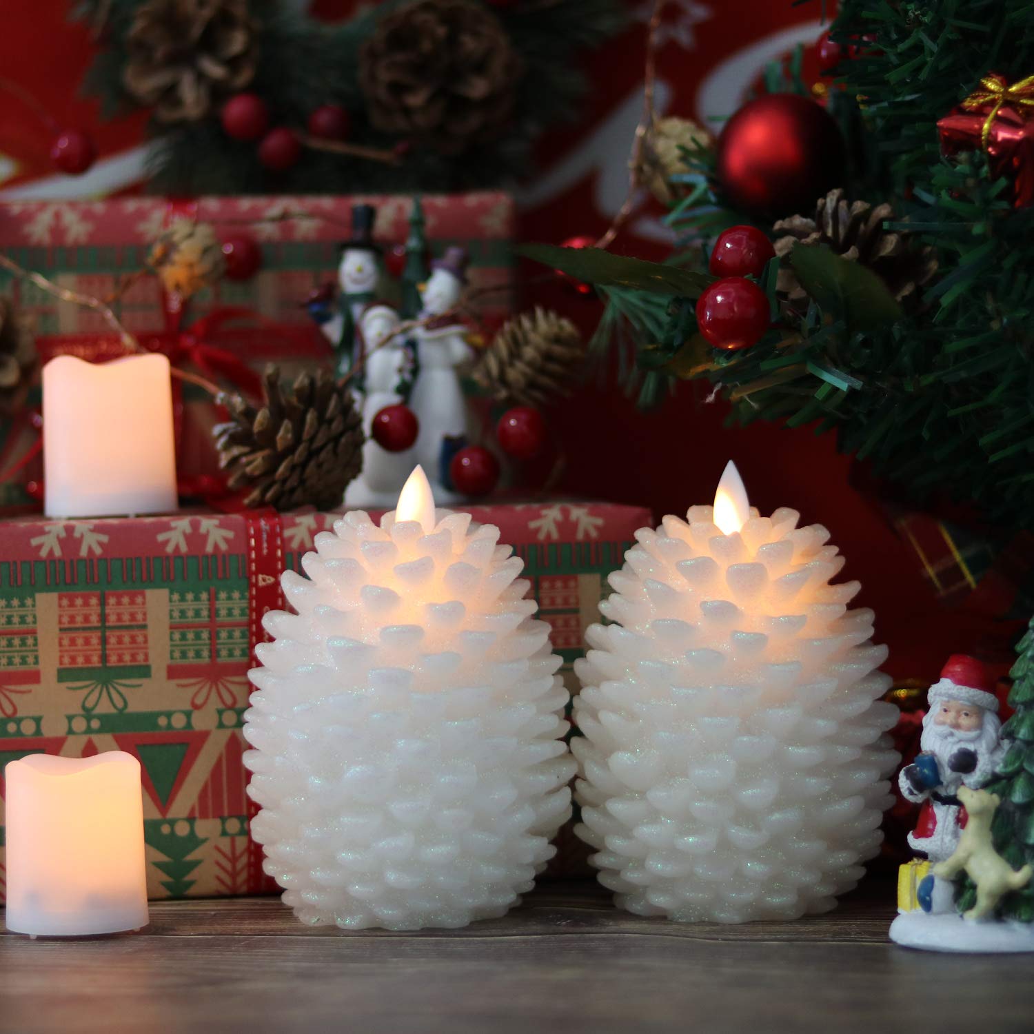 Bougies LED Pommes De Pin Sans Flamme - Lot De 2 Avec Minuterie Et Mèche Mobile, Flamme Réaliste, Pour Déco De Noël