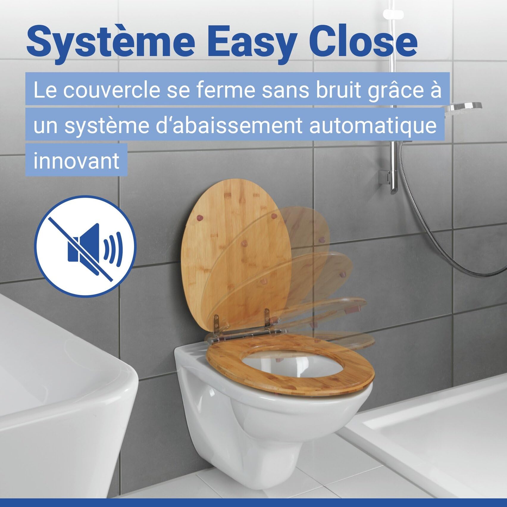 WENKO Abattant WC Bambusa | Lunettes WC Frein de Chute | Installation Rapide | Déclipsable pour Entretien Facile | Tampon Mural et Patin Anti Glisse | Bambou certifié FSC® | 34,5 x 40,5 cm | Bambou