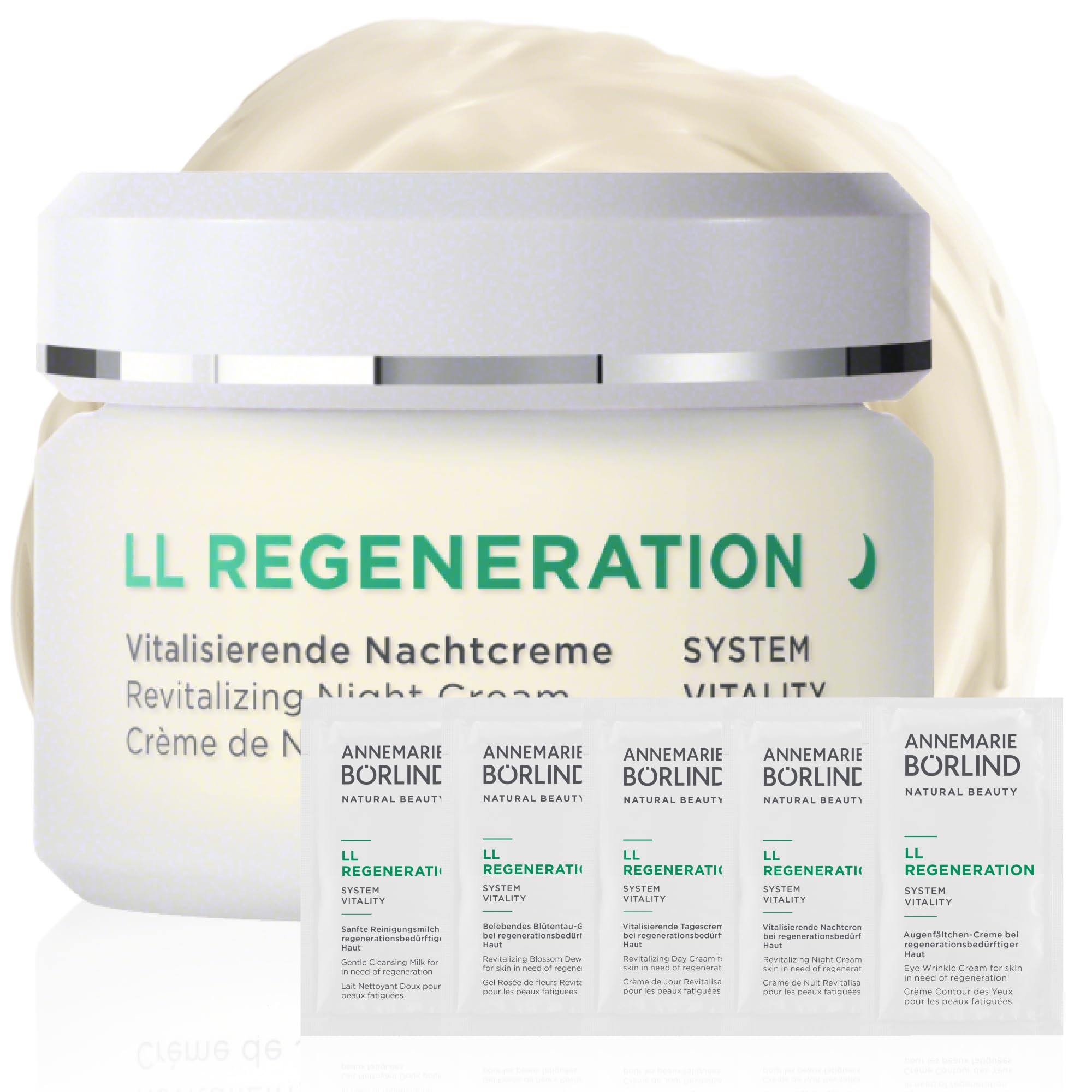 ANNEMARIE BÖRLIND LL REGENERATION Crema da notte vitalizzante (50 ml) + bustine di campione (tutta la routine di cura) – accelera il rinnovamento cellulare della pelle, favorisce la tonificazione e la