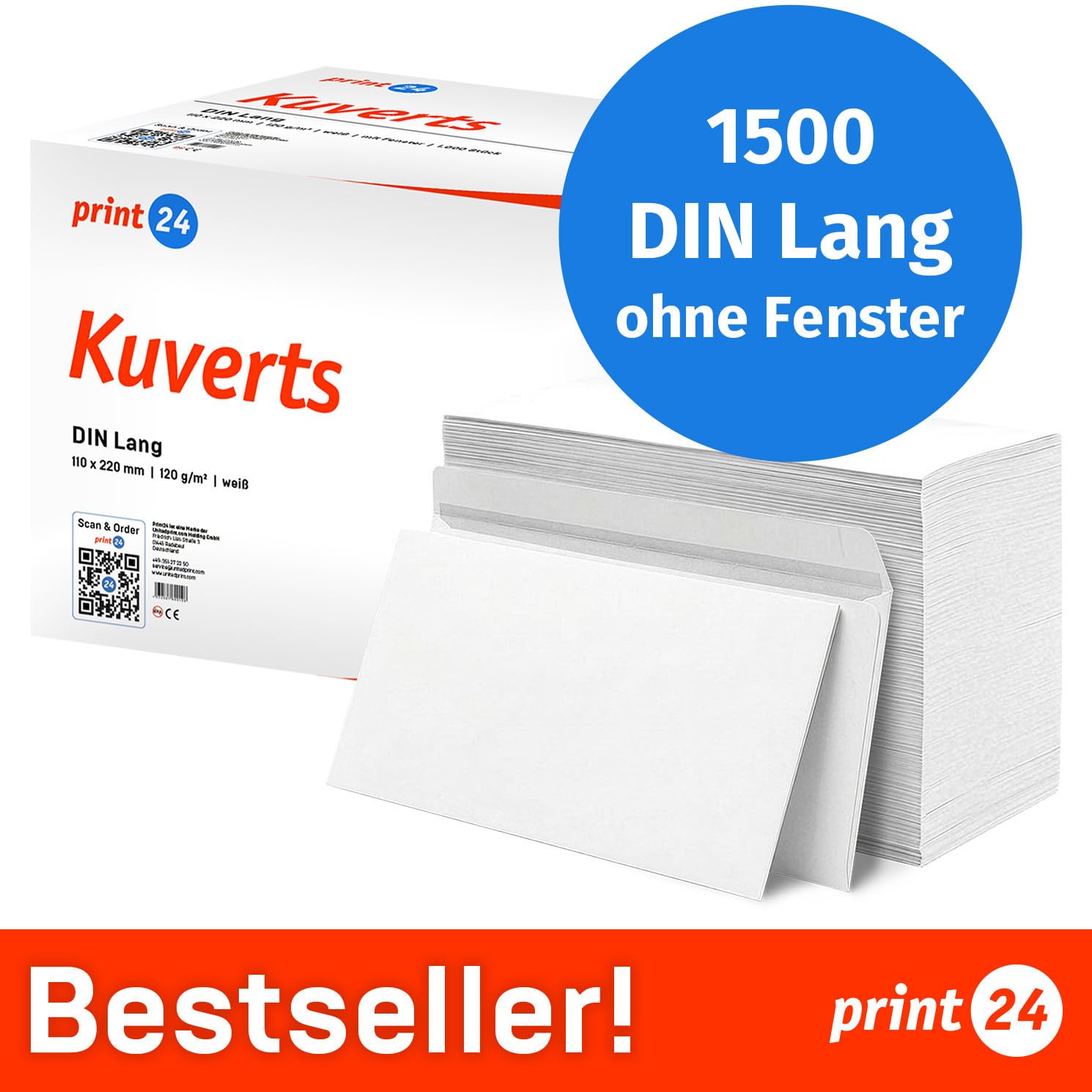 NEU: print24 Briefumschläge ohne Fenster, DIN Lang, unbedruckt, 1500 Stück