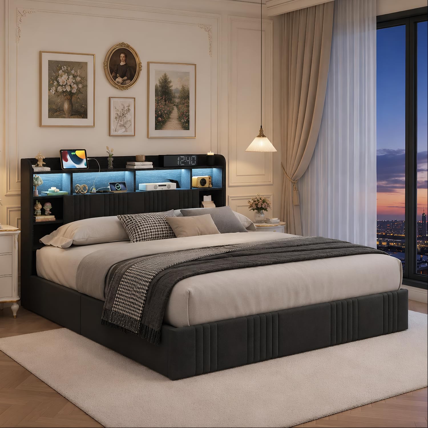 BRILVERDE Łóżko tapicerowane 160 x 200 cm, z miejscem do przechowywania, łóżko młodzieżowe z diodami LED/USB, łóżko podwójne, pudełko do przechowywania, rama łóżka z zagłówkiem i stelażem, lniane